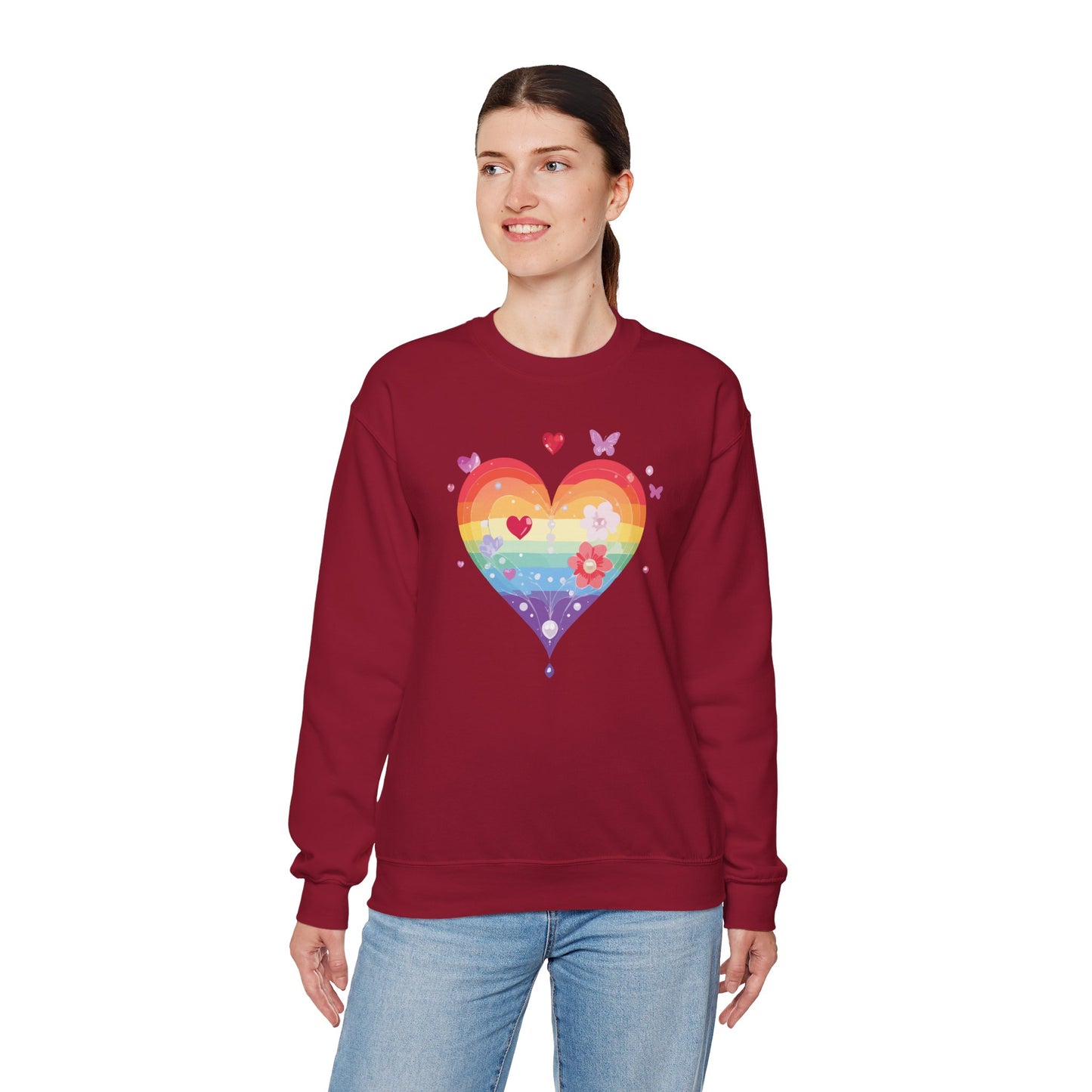 Rainbow Heart Floral Sweatshirt Unisex Valentines Day Graphic Love Sweatshirt Gift Idea