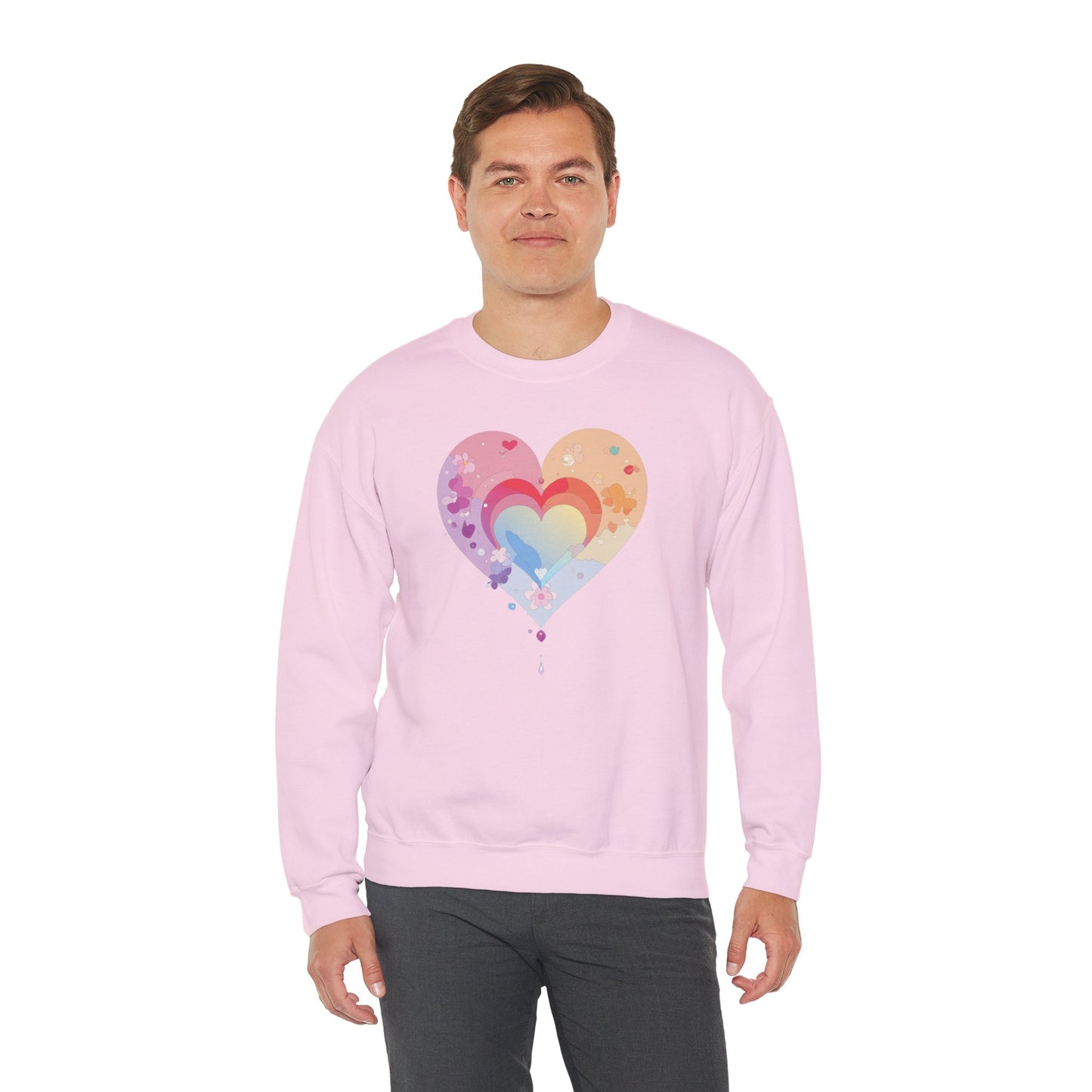 Rainbow Heart Floral Sweatshirt Unisex Valentines Day Gift Cozy Crewneck Sweatshirt