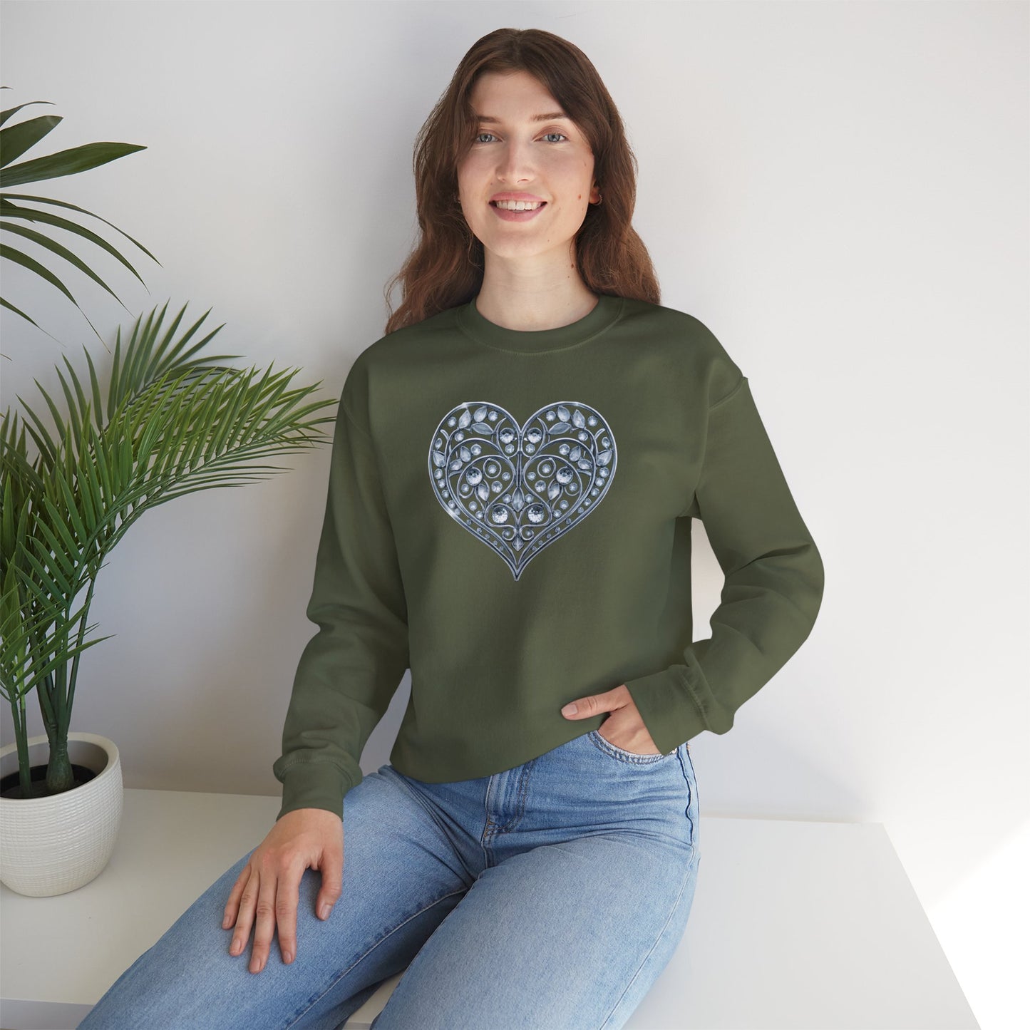 Big Crystal Heart Sweatshirt Unisex Fifty Fifty Cotton Poly Crewneck Valentines Day Sweatshirt