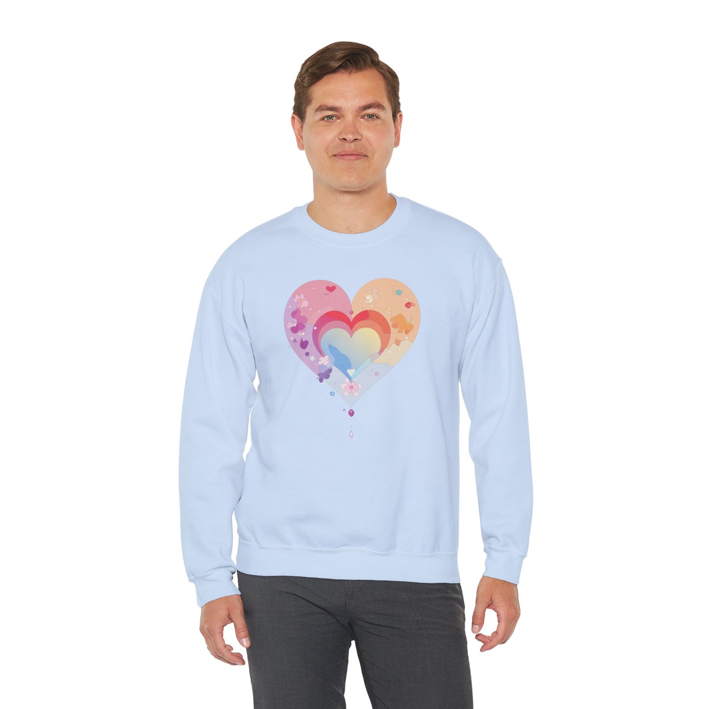 Rainbow Heart Floral Sweatshirt Unisex Valentines Day Gift Cozy Crewneck Sweatshirt