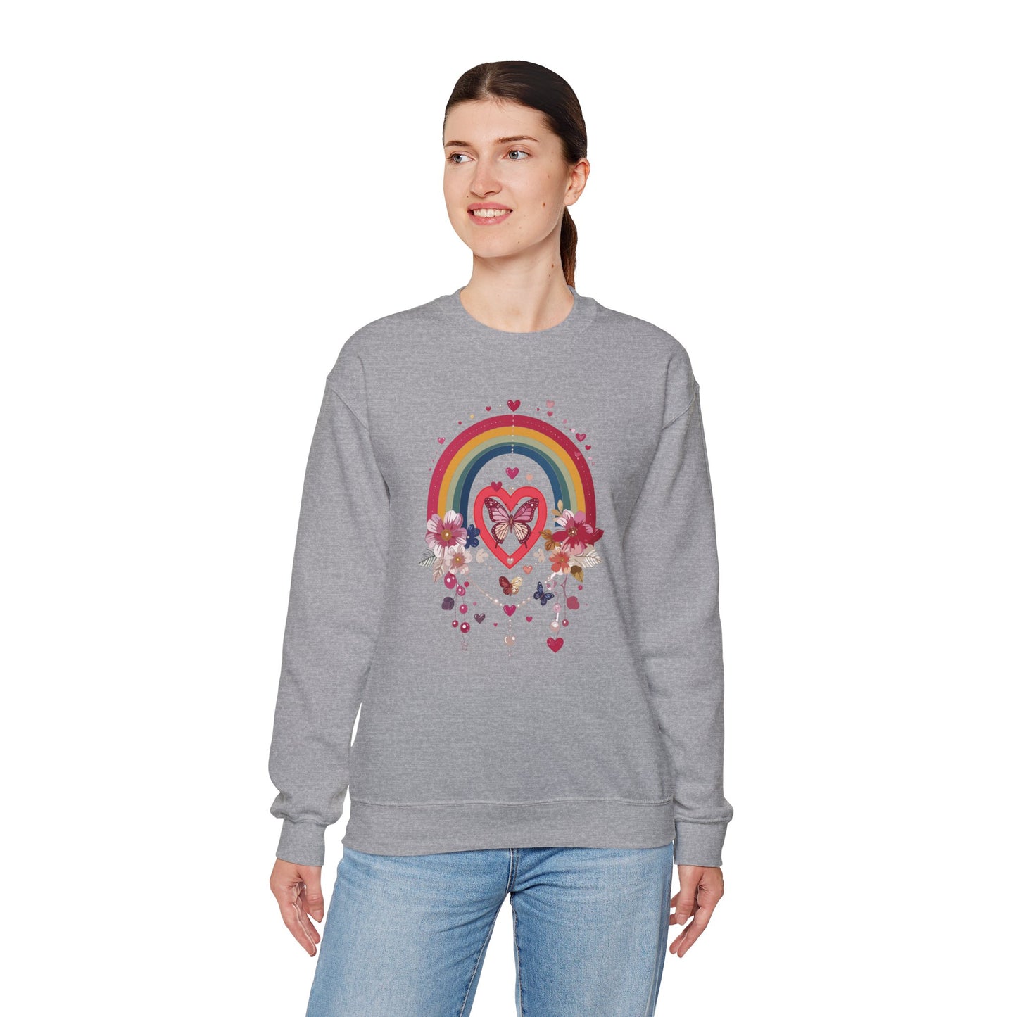 Rainbow Heart Floral Unisex Sweatshirt Crewneck Love Valentine's Day Graphic Gildan 18000