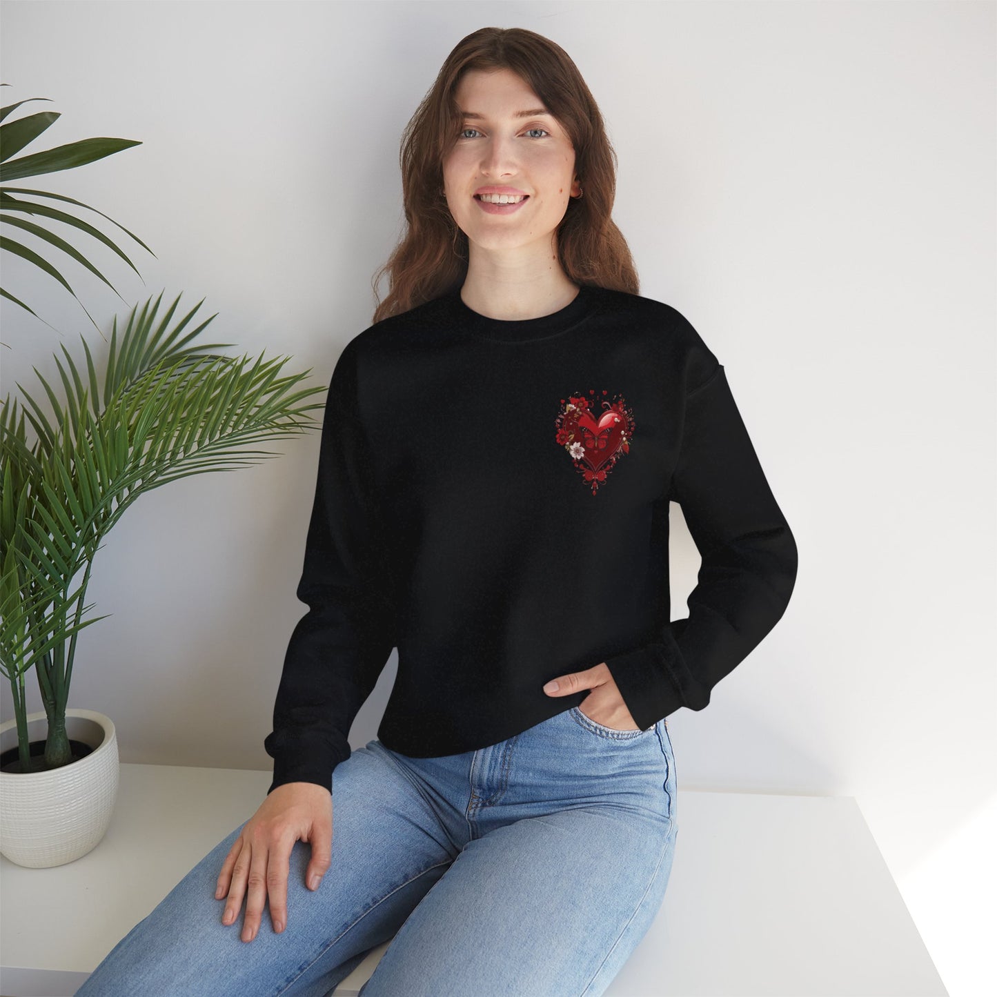 Floral Red Heart Sweatshirt Unisex Valentines Day Love Print Cozy Heavy Blend Crewneck