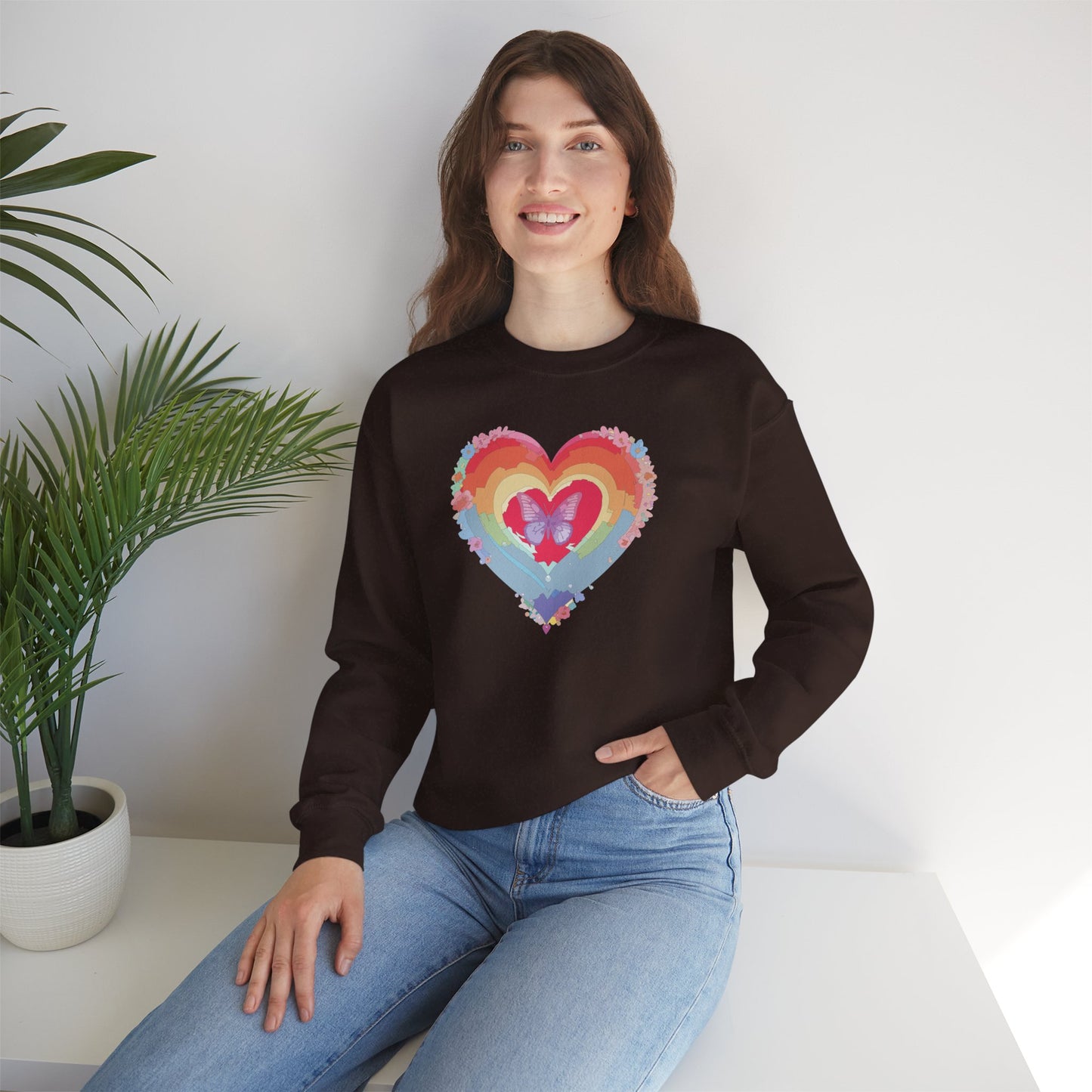 Rainbow Heart Floral Sweatshirt For Valentines Day Unisex Heavy Blend Crewneck Warm