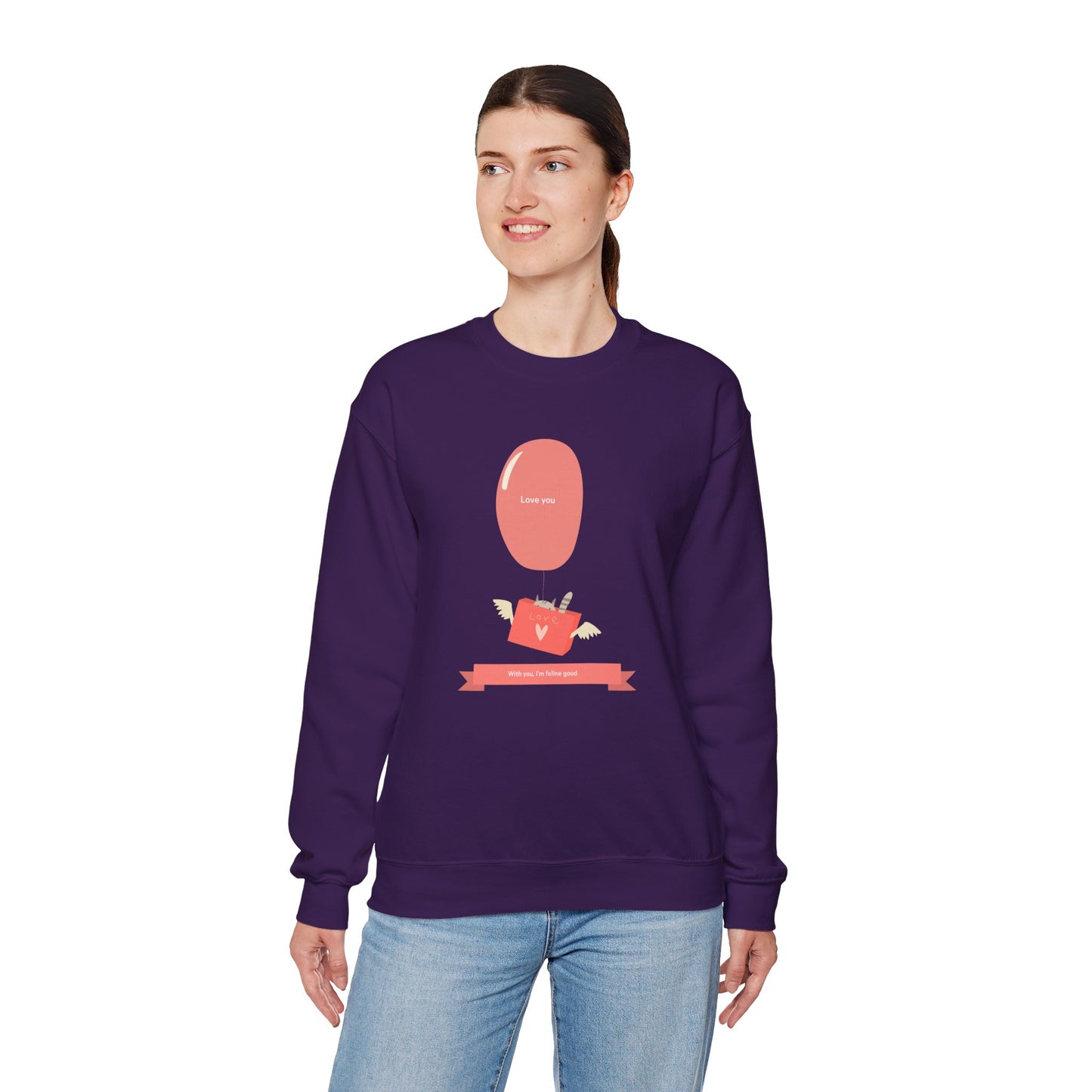 Cat Love Balloon Sweatshirt Unisex Fifty Fifty Cotton Poly Valentine Heavy Blend Crewneck Sweatshirt