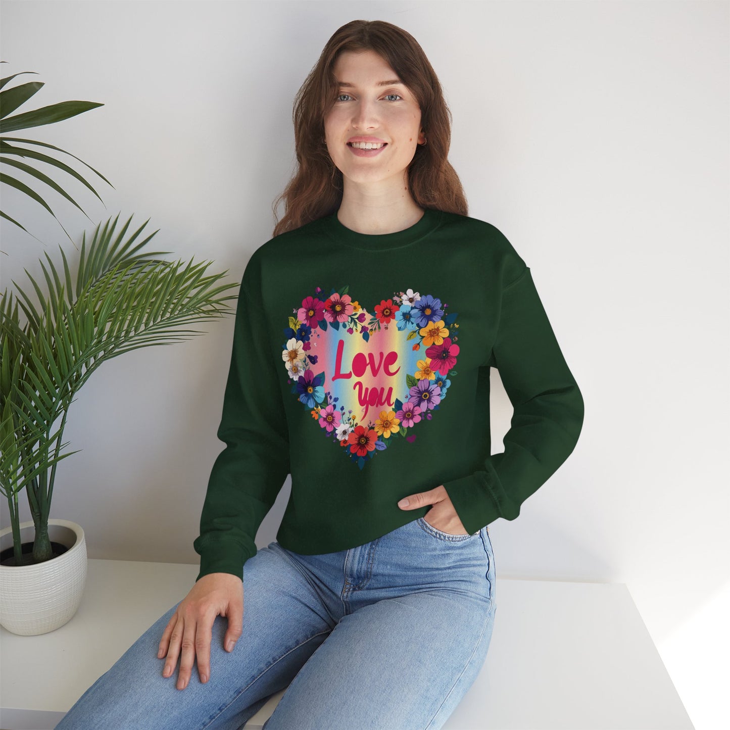 Valentines Day Floral Heart Sweatshirt Unisex Crewneck Floral Love You Gildan 18000 Heavy Blend
