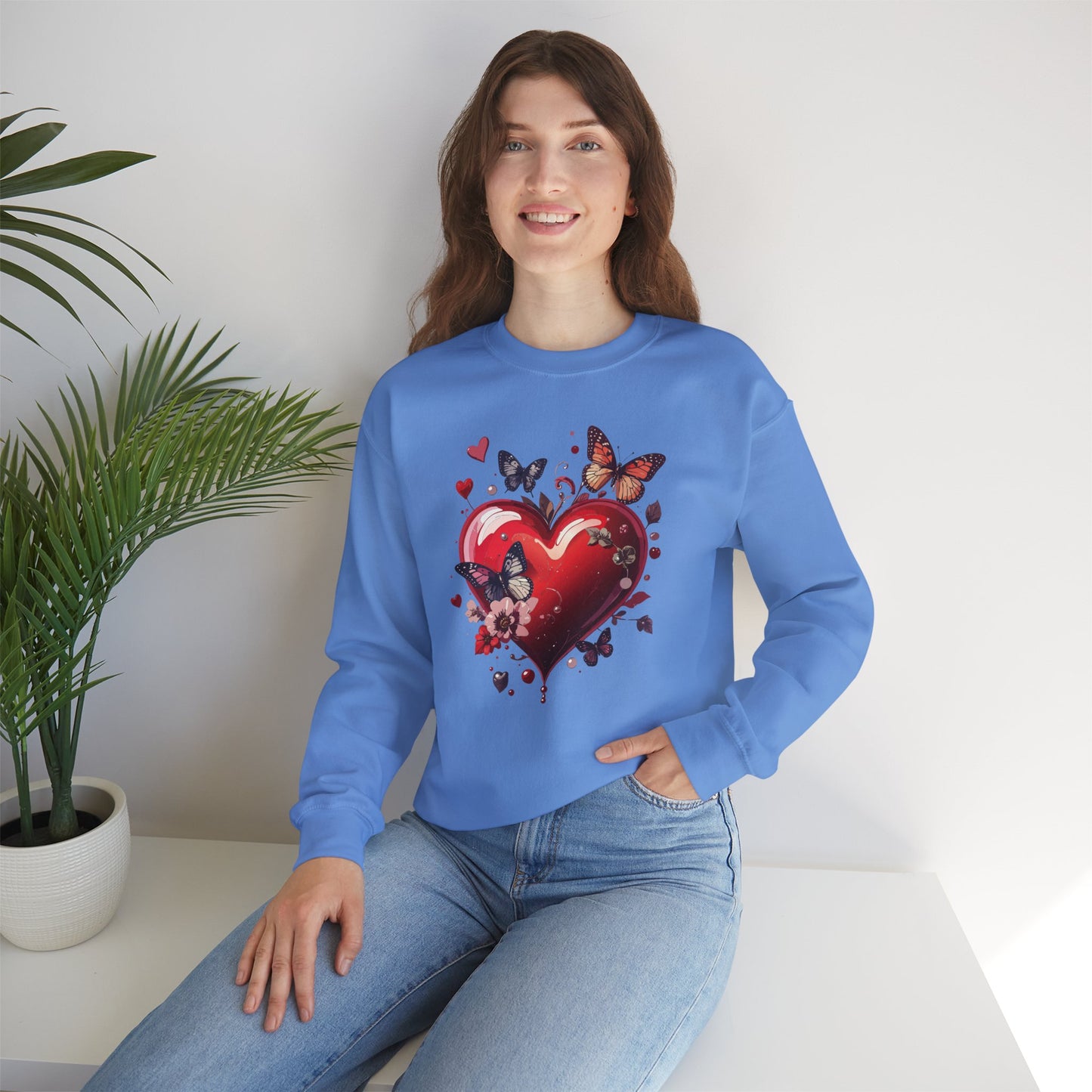 Unisex Heavy Blend Crewneck Sweatshirt Red Heart Floral Design Valentines Day Gift