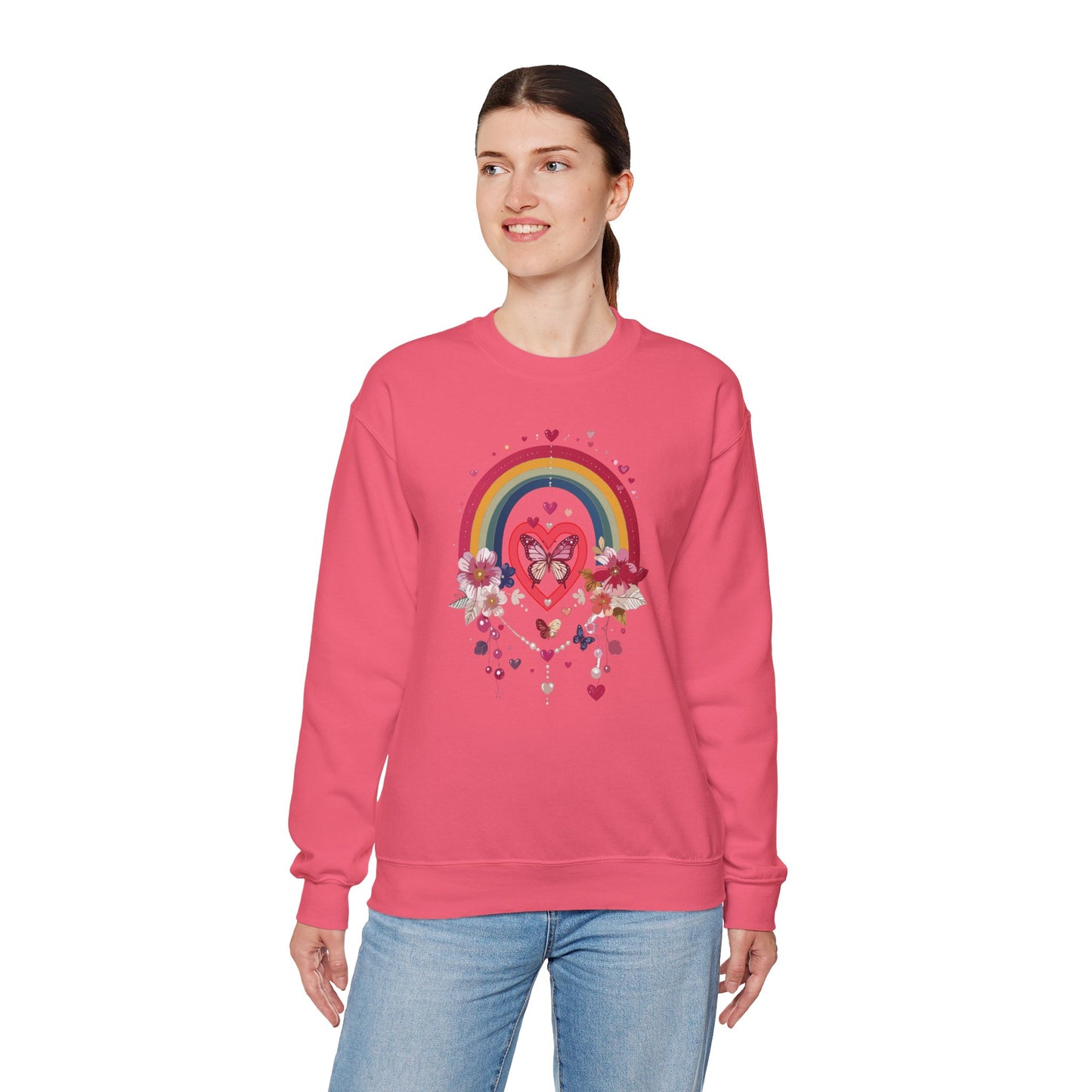 Rainbow Heart Floral Unisex Sweatshirt Crewneck Love Valentine's Day Graphic Gildan 18000