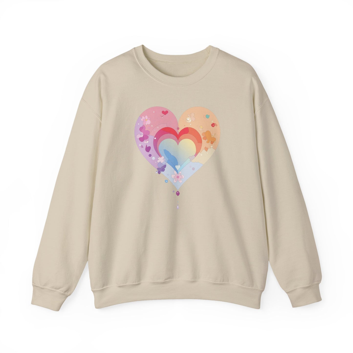 Rainbow Heart Floral Sweatshirt Unisex Valentines Day Gift Cozy Crewneck Sweatshirt