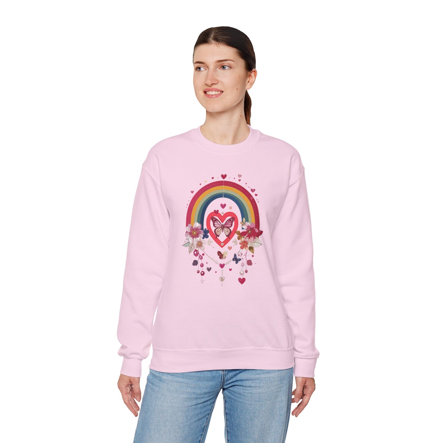 Rainbow Heart Floral Unisex Sweatshirt Crewneck Love Valentine's Day Graphic Gildan 18000
