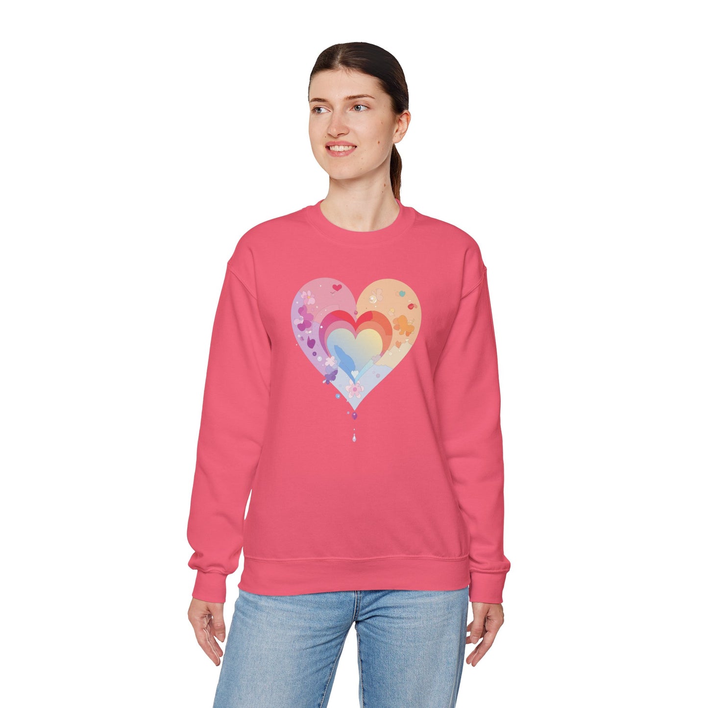 Rainbow Heart Floral Sweatshirt Unisex Valentines Day Gift Cozy Crewneck Sweatshirt
