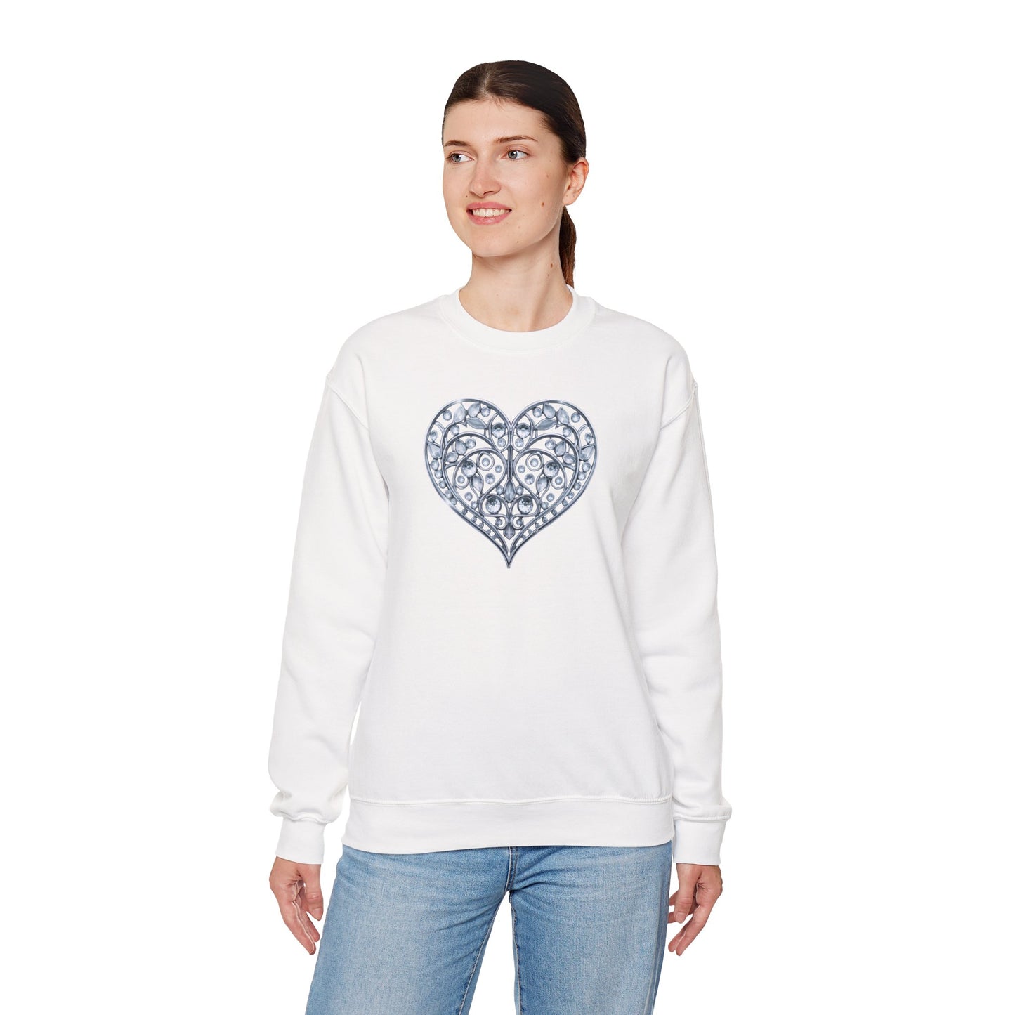 Big Crystal Heart Sweatshirt Unisex Fifty Fifty Cotton Poly Crewneck Valentines Day Sweatshirt