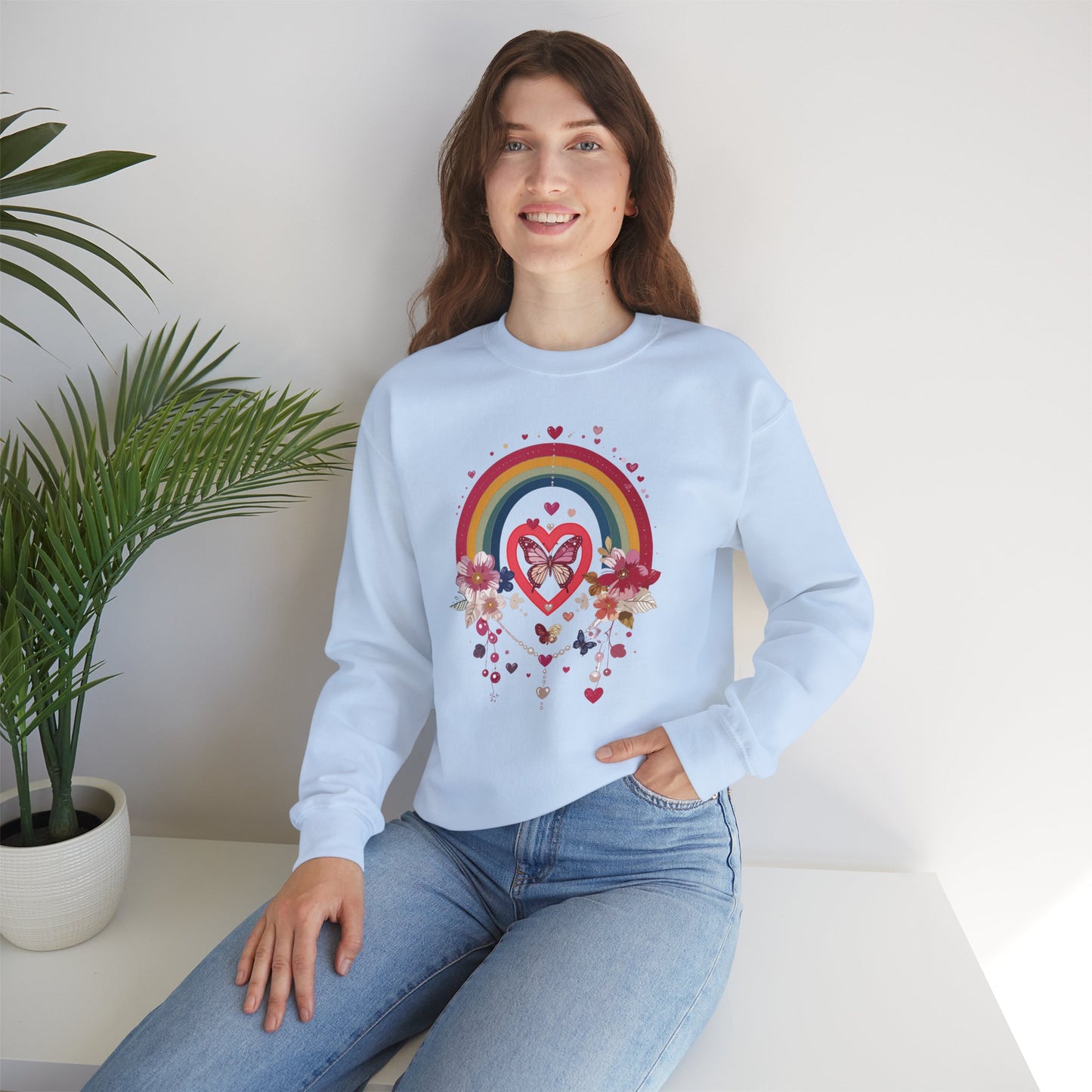 Rainbow Heart Floral Unisex Sweatshirt Crewneck Love Valentine's Day Graphic Gildan 18000