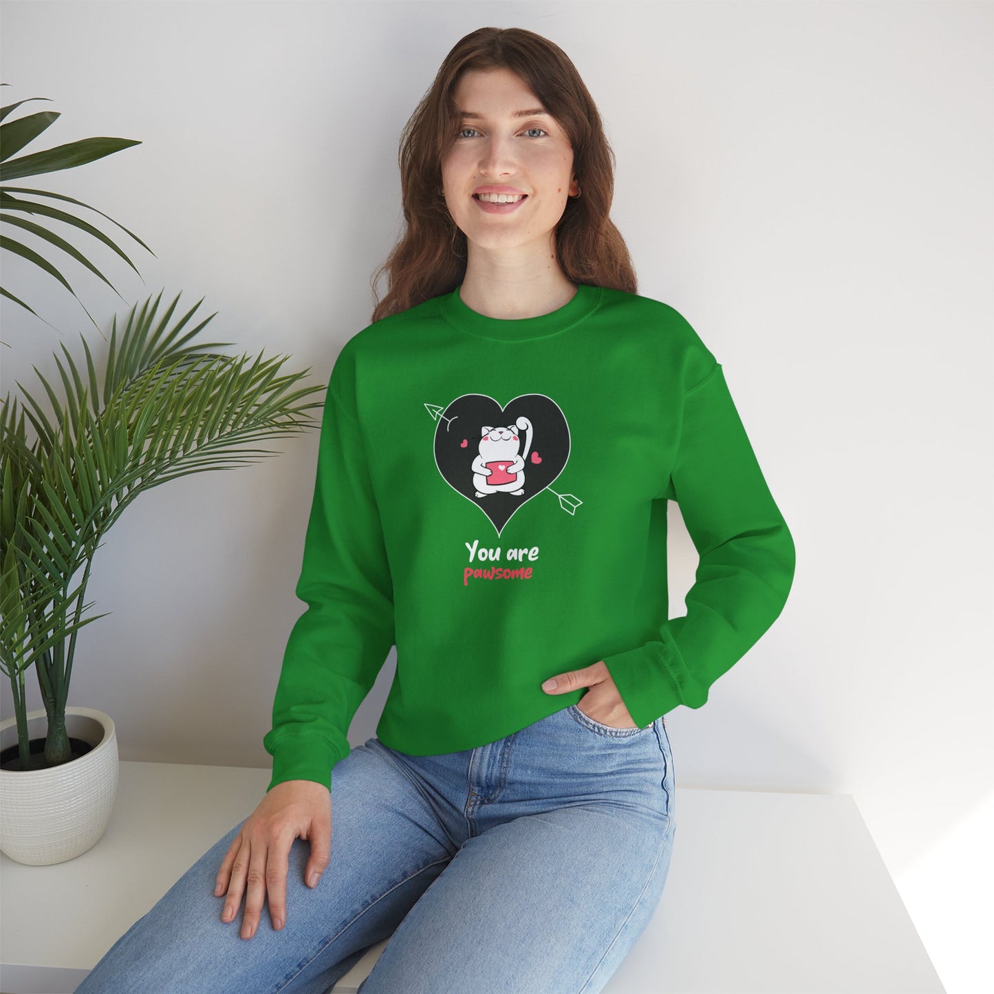 Cat Heart Sweatshirt Unisex Valentines Day Fifty Fifty Cotton Poly Crewneck Gildan 18000