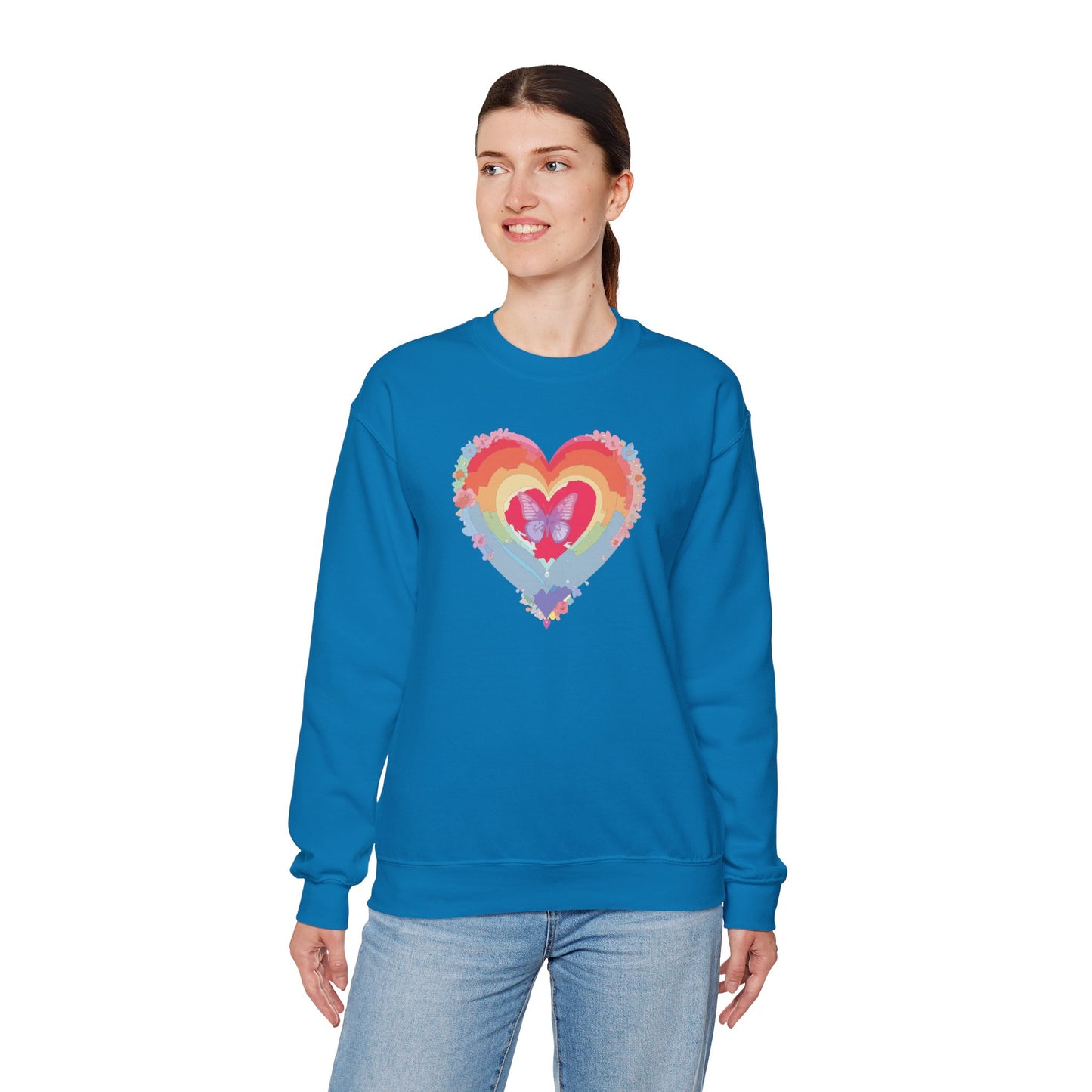 Rainbow Heart Floral Sweatshirt For Valentines Day Unisex Heavy Blend Crewneck Warm
