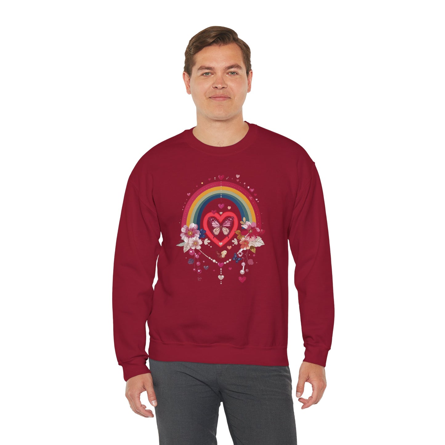 Rainbow Heart Floral Unisex Sweatshirt Crewneck Love Valentine's Day Graphic Gildan 18000