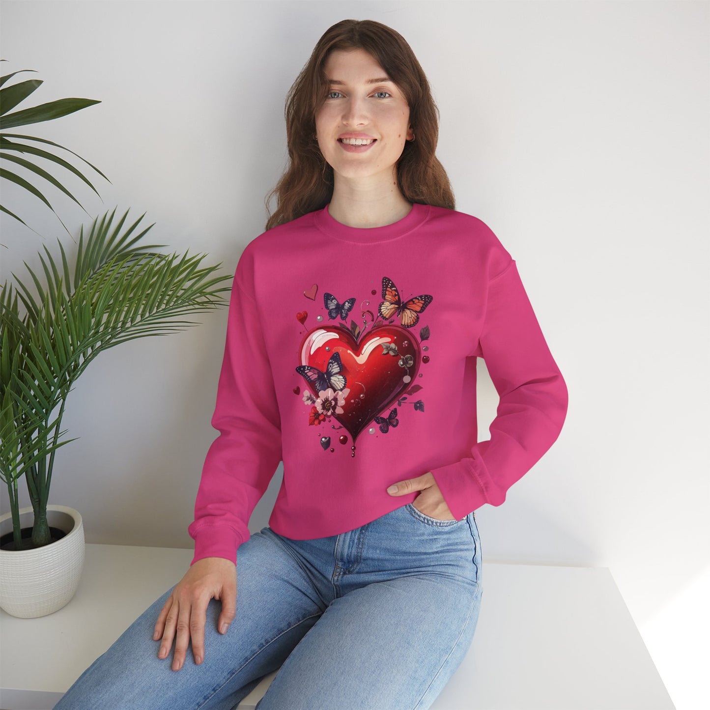 Unisex Heavy Blend Crewneck Sweatshirt Red Heart Floral Design Valentines Day Gift