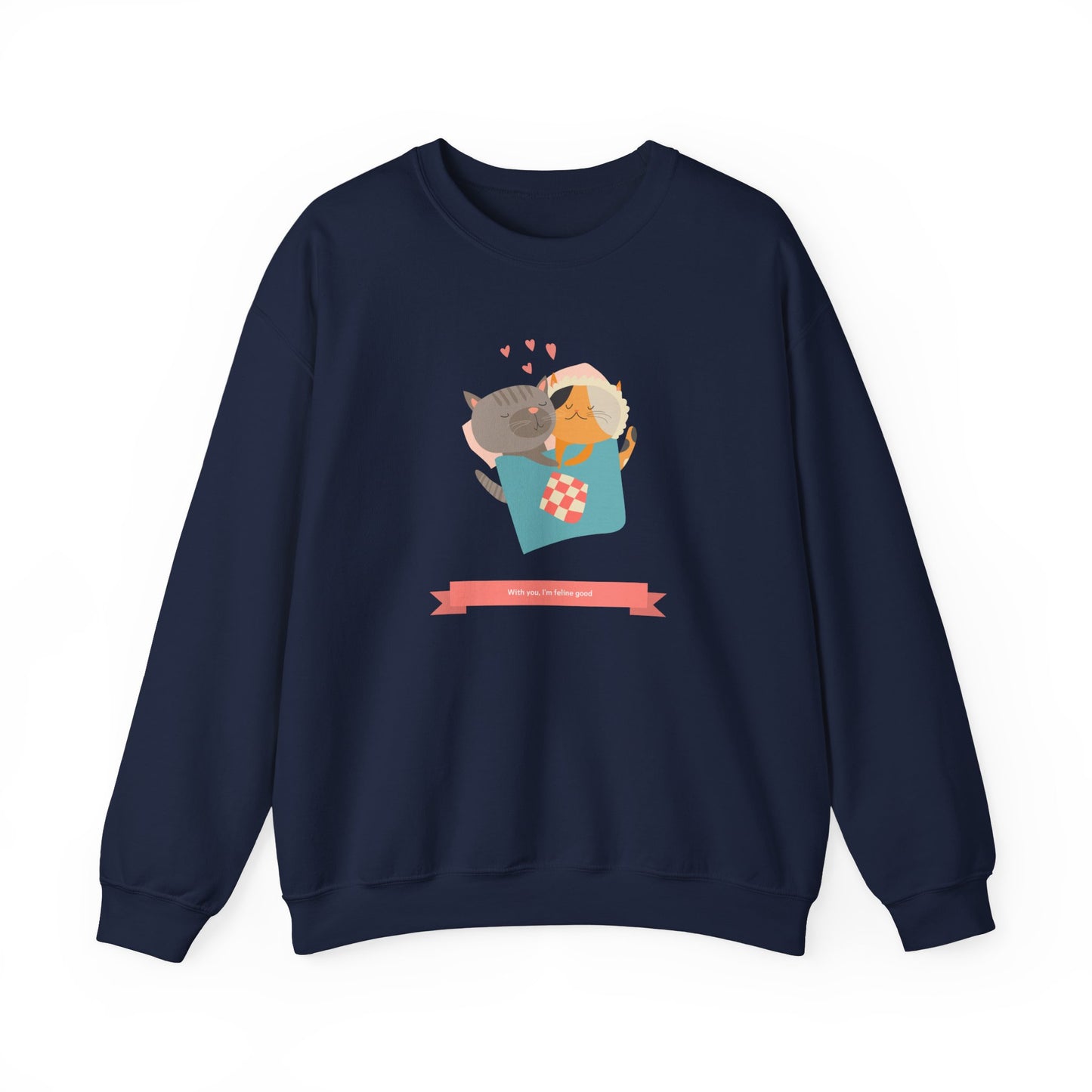 Cat Heart Sweatshirt Unisex Valentines Day 50 50 Cotton Poly Crewneck Gildan 18000