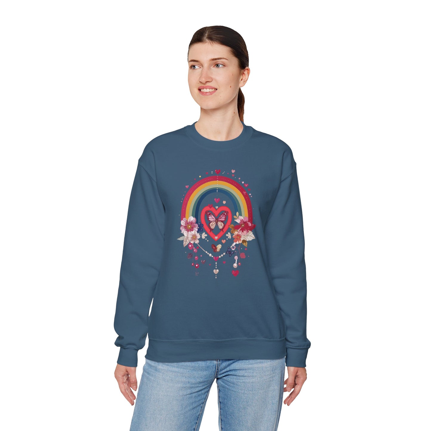 Rainbow Heart Floral Unisex Sweatshirt Crewneck Love Valentine's Day Graphic Gildan 18000
