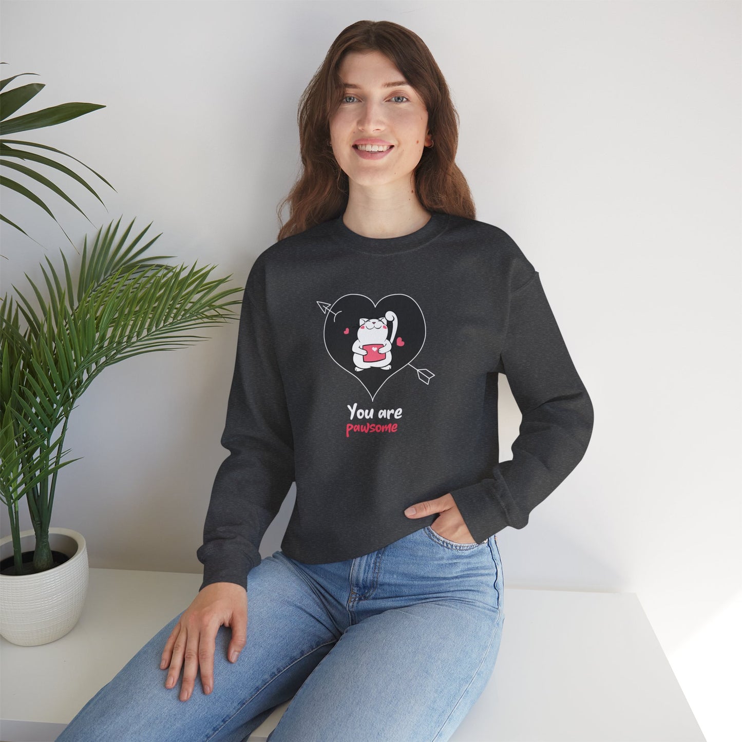 Cat Heart Sweatshirt Unisex Valentines Day Fifty Fifty Cotton Poly Crewneck Gildan 18000