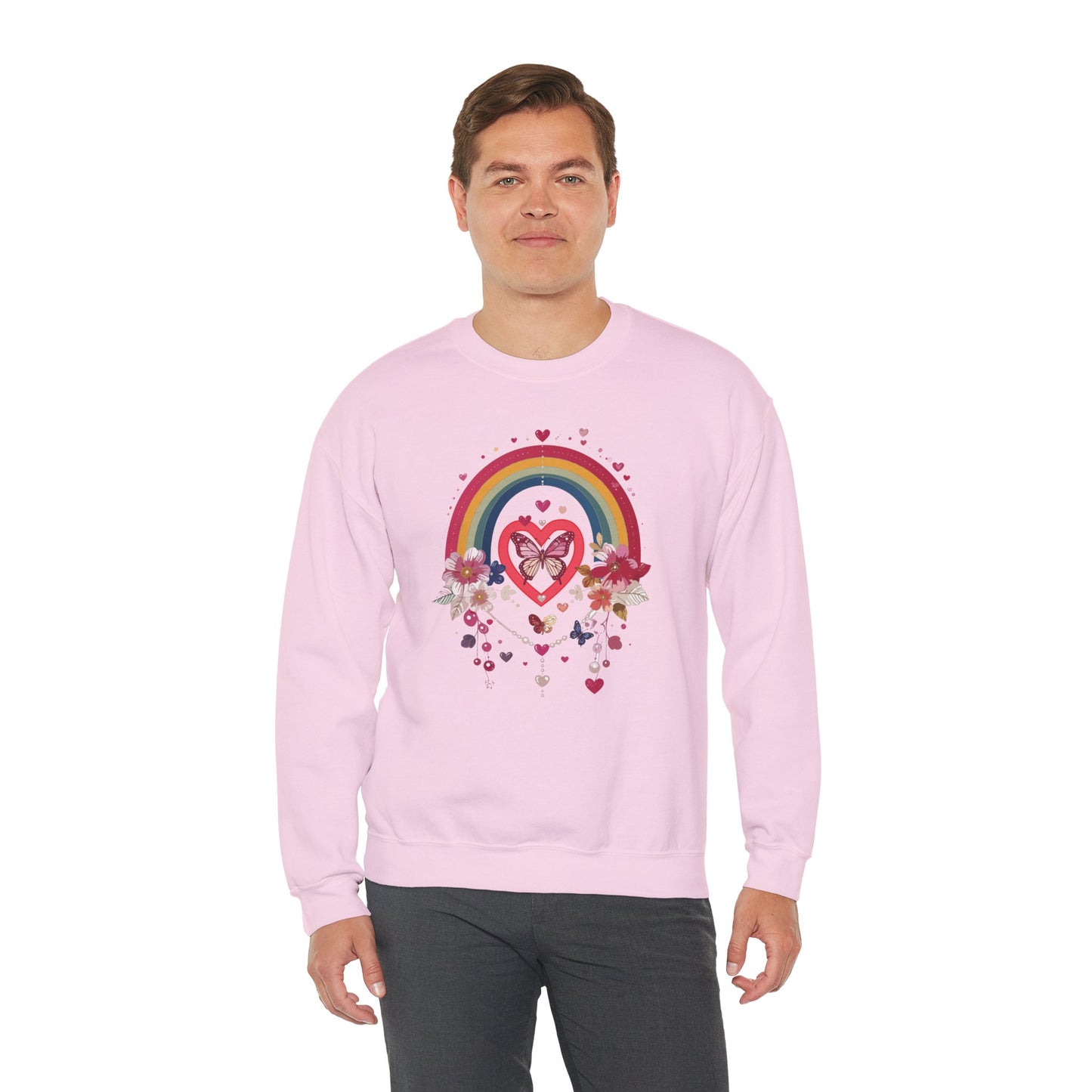 Rainbow Heart Floral Unisex Sweatshirt Crewneck Love Valentine's Day Graphic Gildan 18000