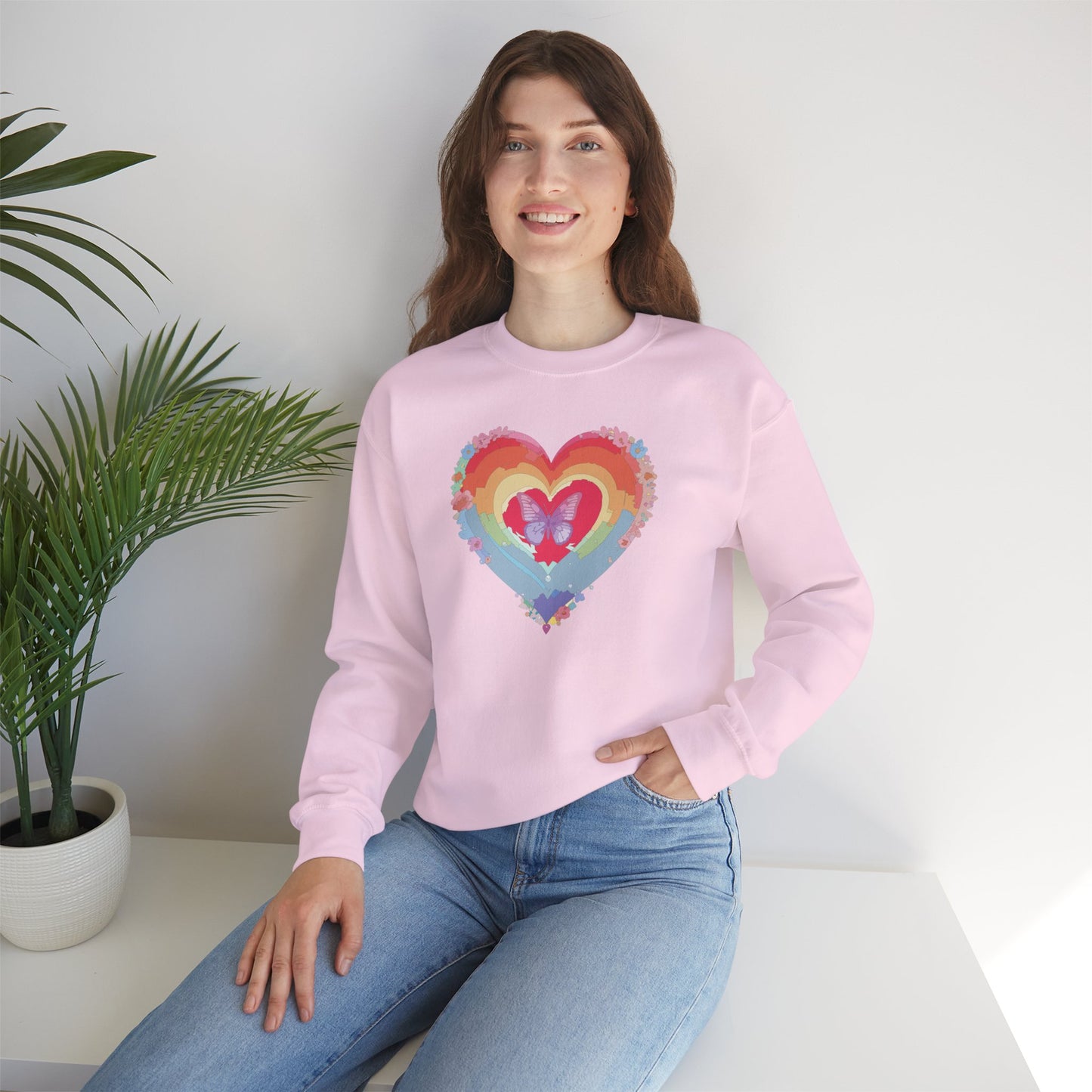 Rainbow Heart Floral Sweatshirt For Valentines Day Unisex Heavy Blend Crewneck Warm