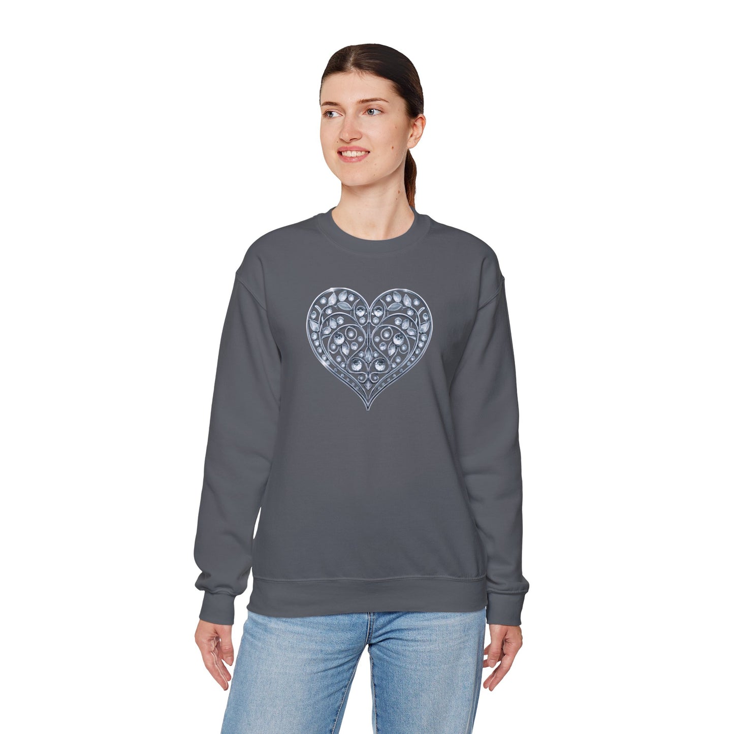 Big Crystal Heart Sweatshirt Unisex Fifty Fifty Cotton Poly Crewneck Valentines Day Sweatshirt