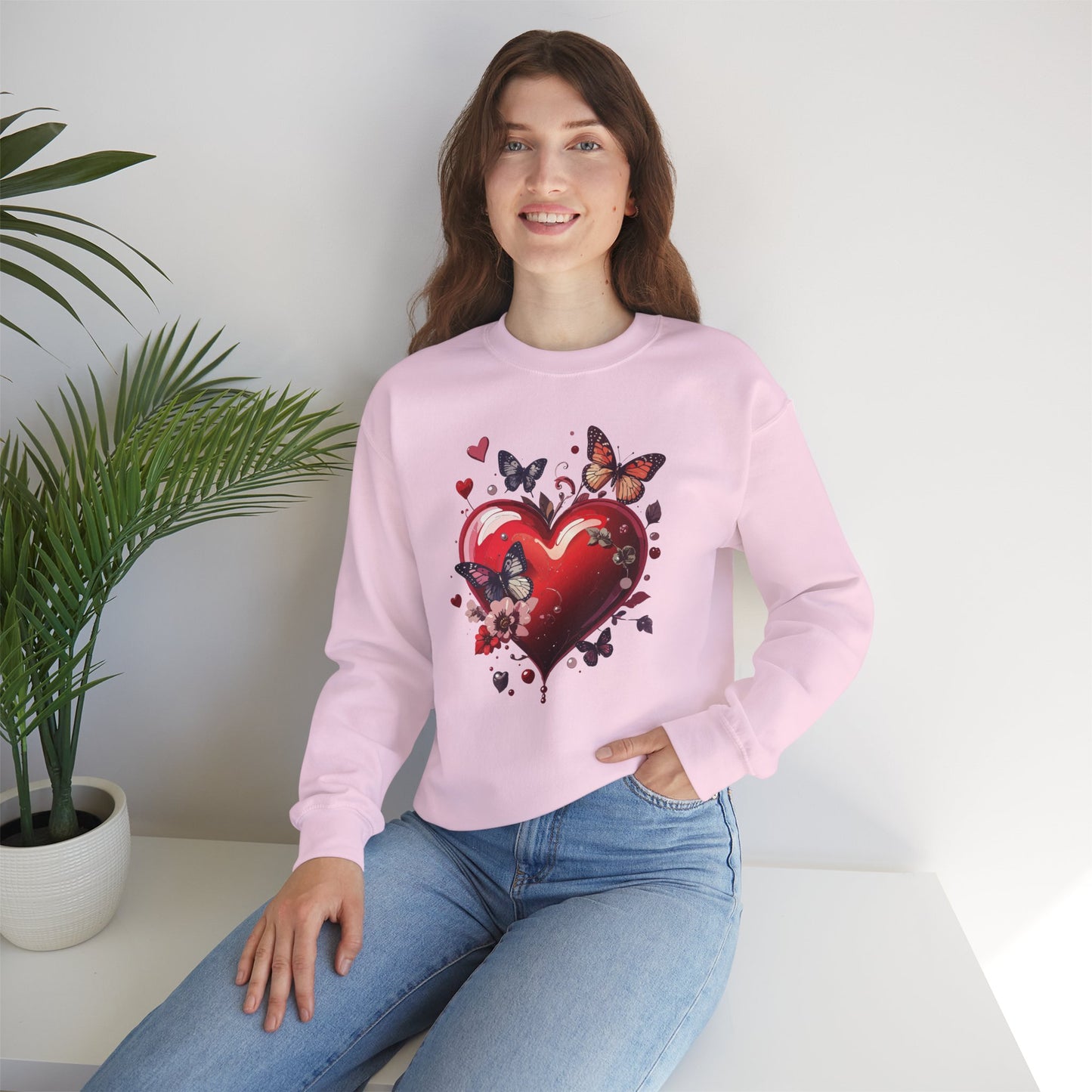 Unisex Heavy Blend Crewneck Sweatshirt Red Heart Floral Design Valentines Day Gift