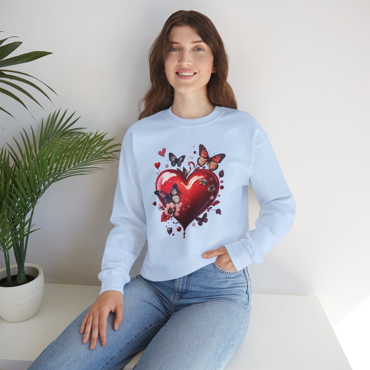 Unisex Heavy Blend Crewneck Sweatshirt Red Heart Floral Design Valentines Day Gift