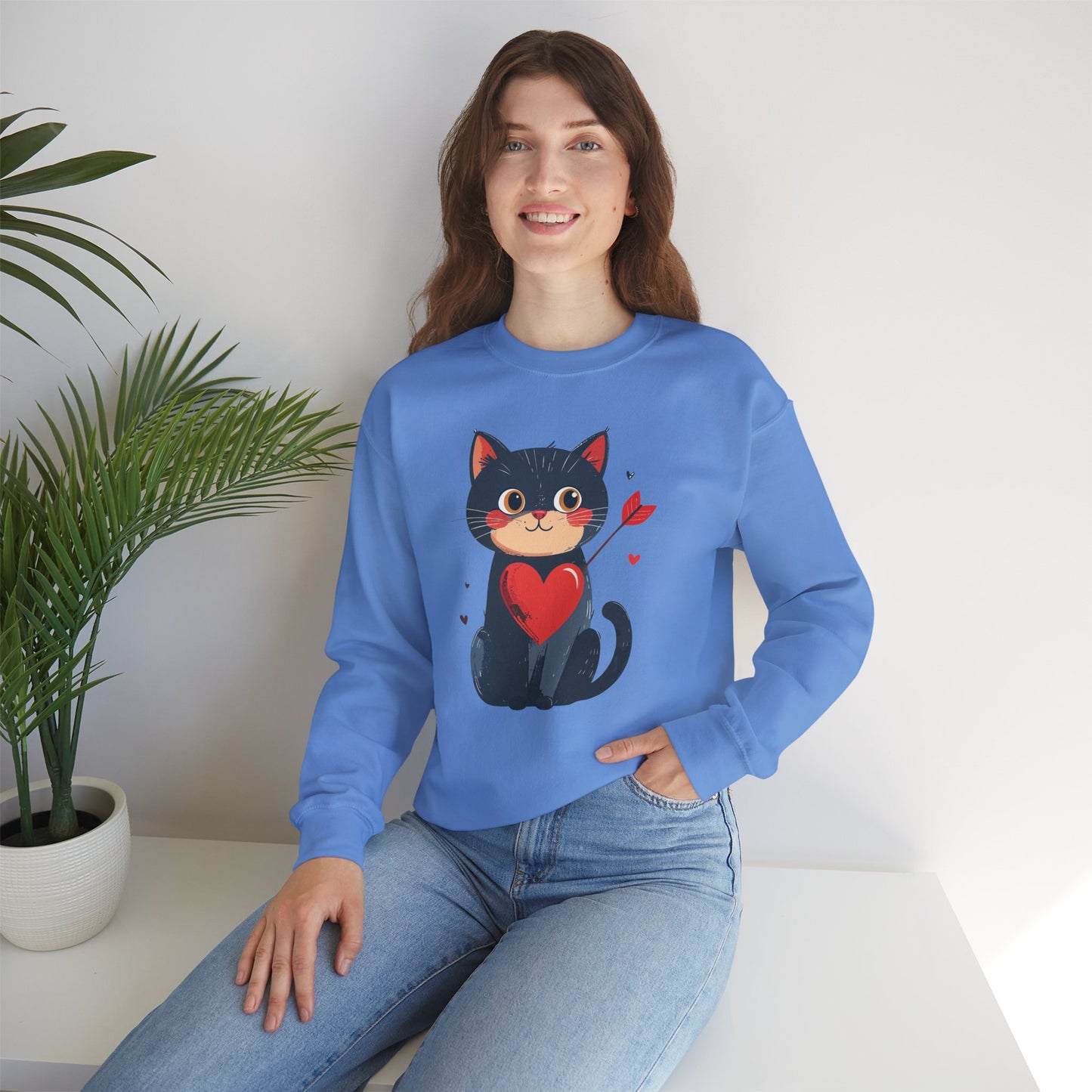 Cat Heart Sweatshirt Unisex Valentines Day Fifty Fifty Cotton Poly 8 Oz Heavy Blend