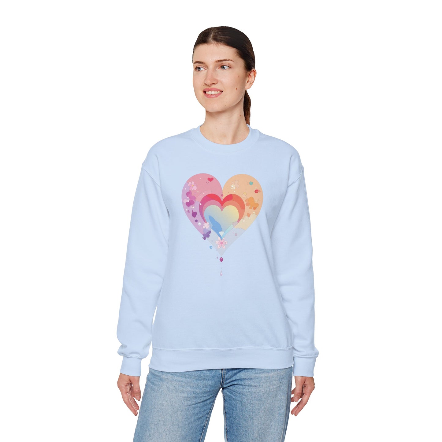 Rainbow Heart Floral Sweatshirt Unisex Valentines Day Gift Cozy Crewneck Sweatshirt