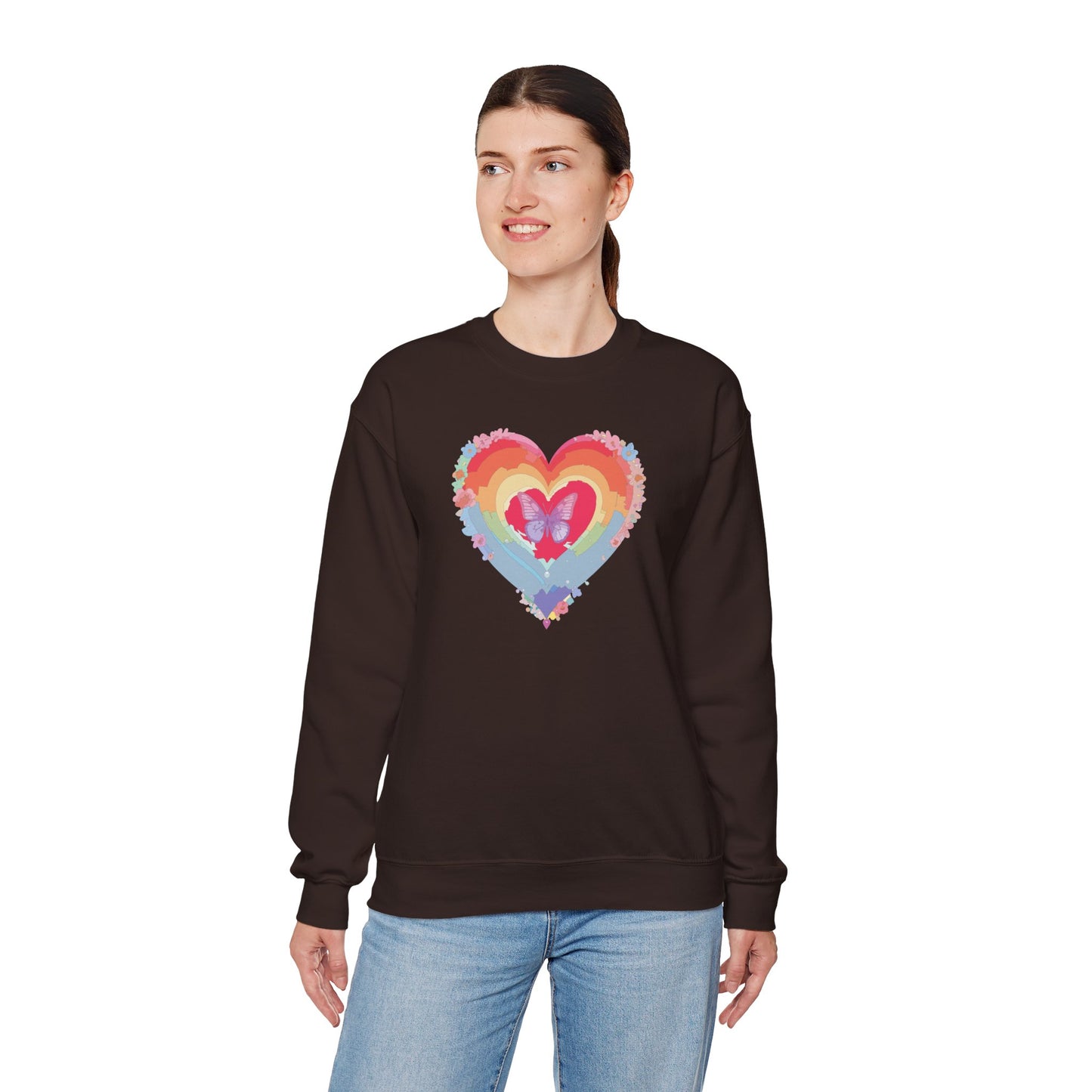 Rainbow Heart Floral Sweatshirt For Valentines Day Unisex Heavy Blend Crewneck Warm
