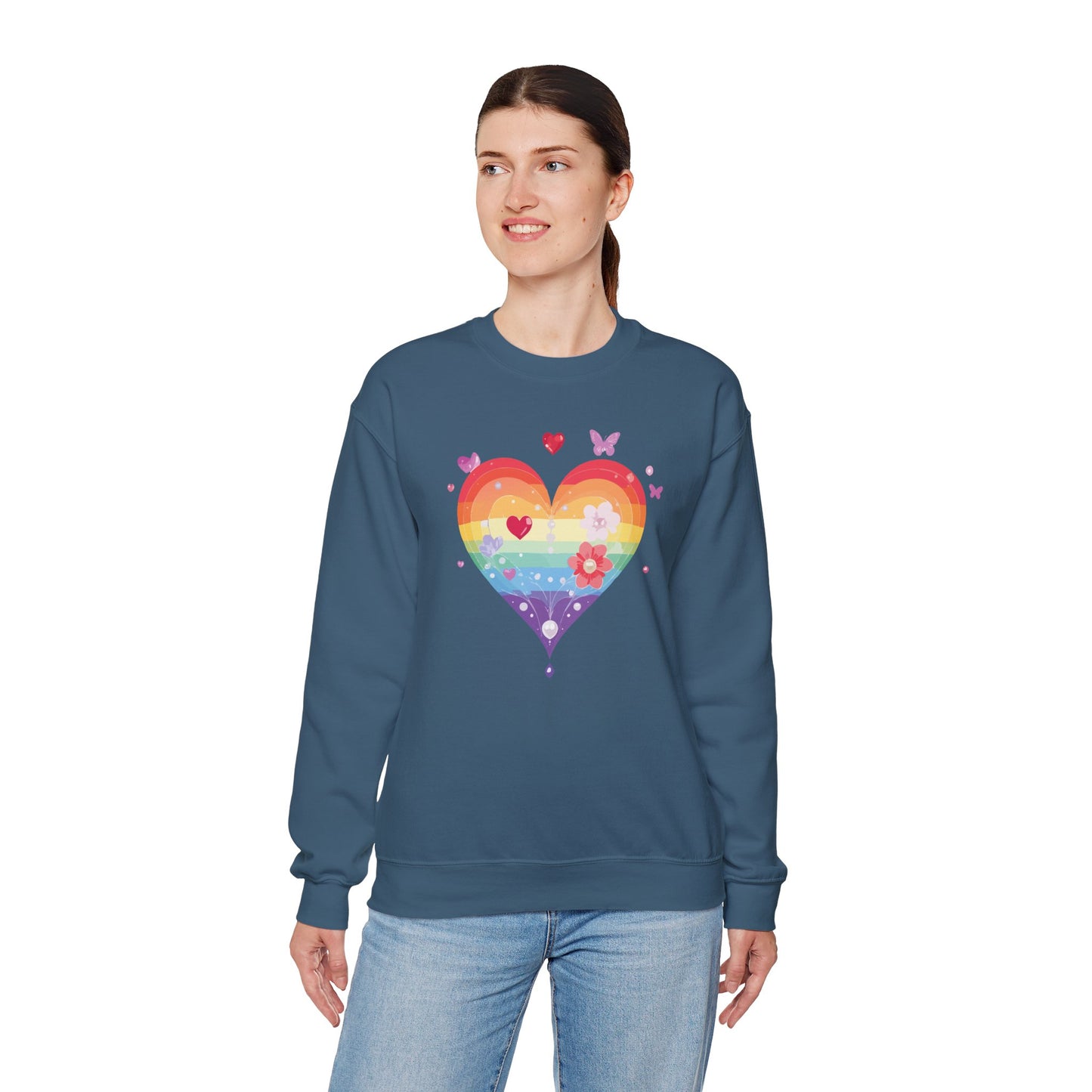 Rainbow Heart Floral Sweatshirt Unisex Valentines Day Graphic Love Sweatshirt Gift Idea