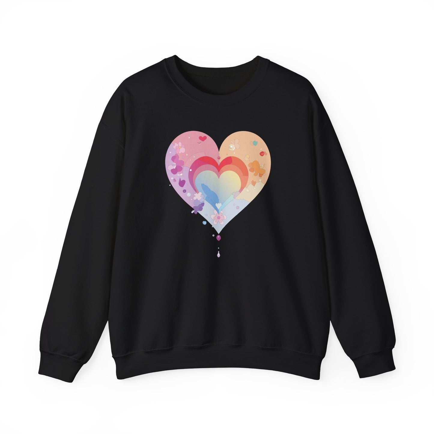 Rainbow Heart Floral Sweatshirt Unisex Valentines Day Gift Cozy Crewneck Sweatshirt