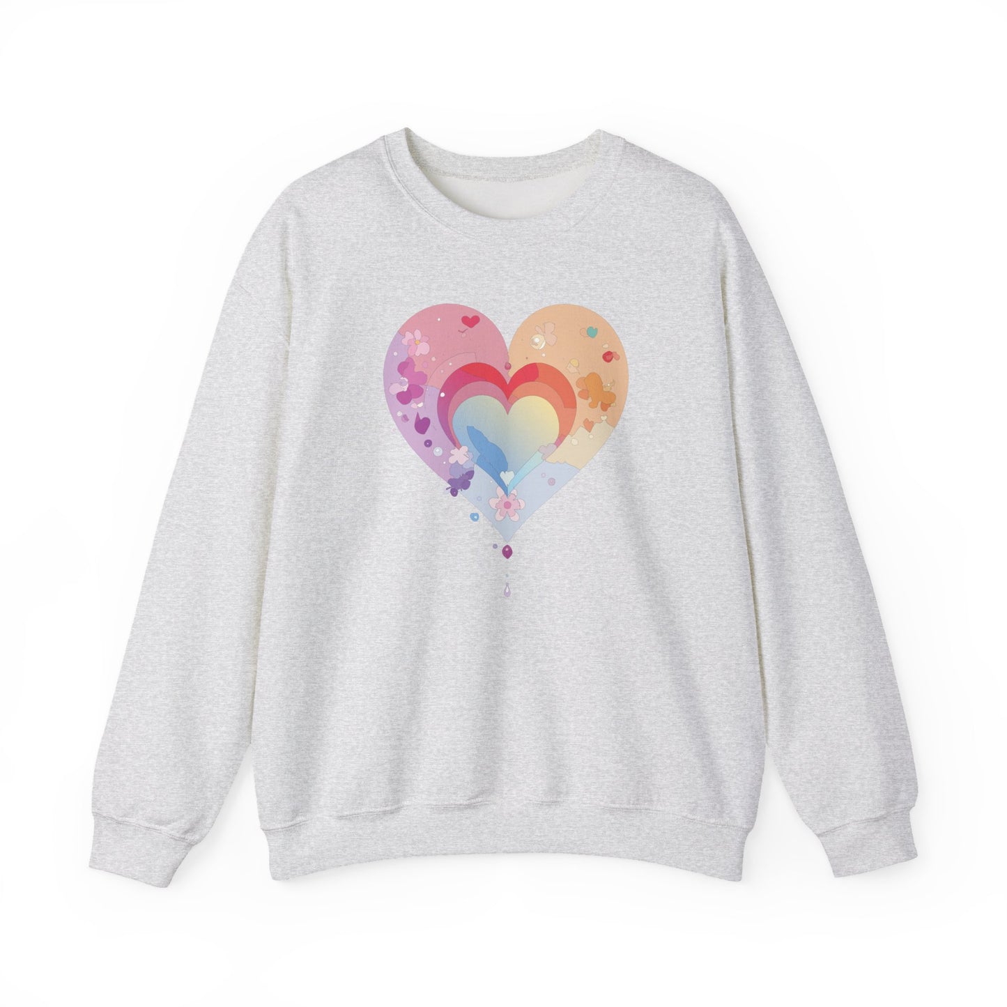 Rainbow Heart Floral Sweatshirt Unisex Valentines Day Gift Cozy Crewneck Sweatshirt