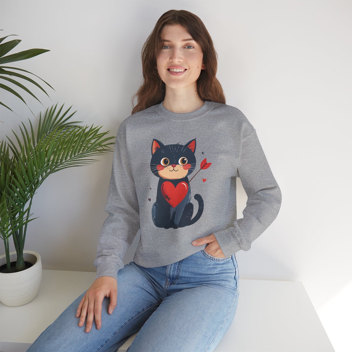 Cat Heart Sweatshirt Unisex Valentines Day Fifty Fifty Cotton Poly 8 Oz Heavy Blend