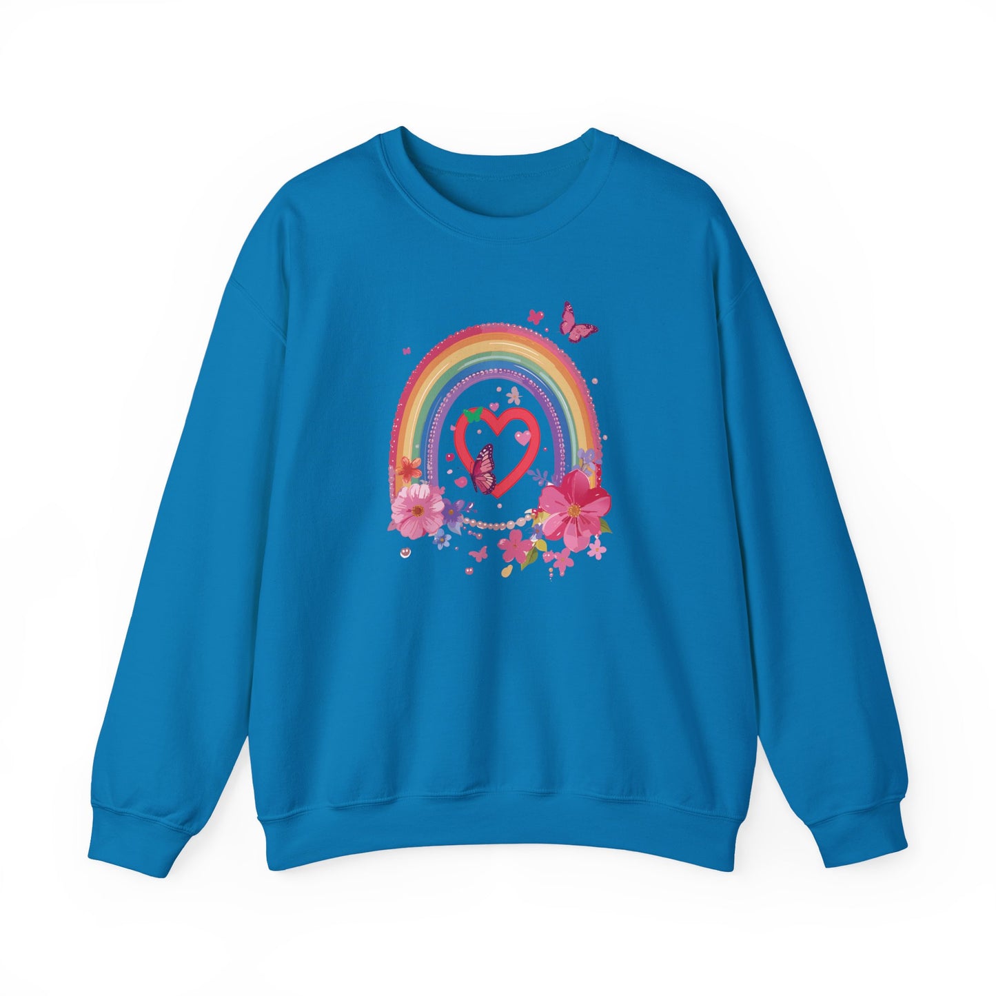 Rainbow Heart Floral Sweatshirt For Valentines Day Unisex Crewneck Gildan 18000 Premium