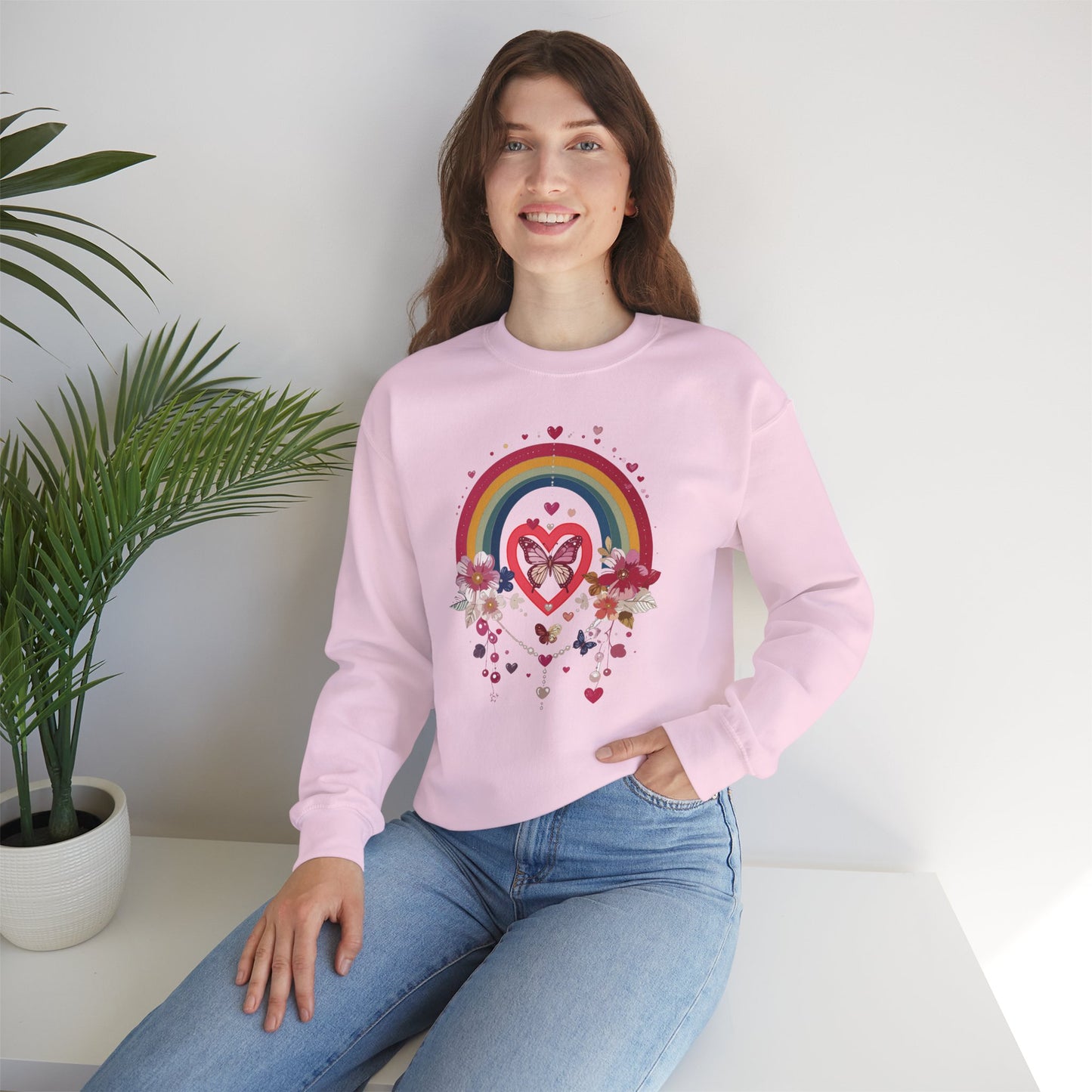 Rainbow Heart Floral Unisex Sweatshirt Crewneck Love Valentine's Day Graphic Gildan 18000