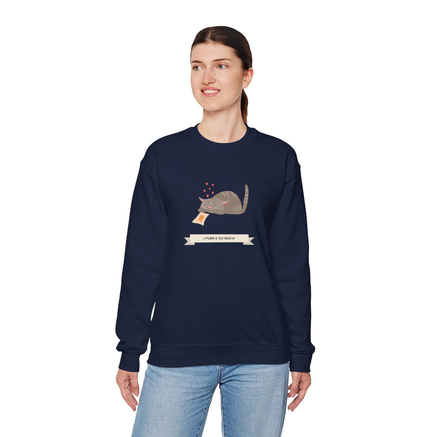 Cat Heart Sweatshirt Unisex 50/50 Cotton Poly Valentine Day Crewneck Gildan 18000