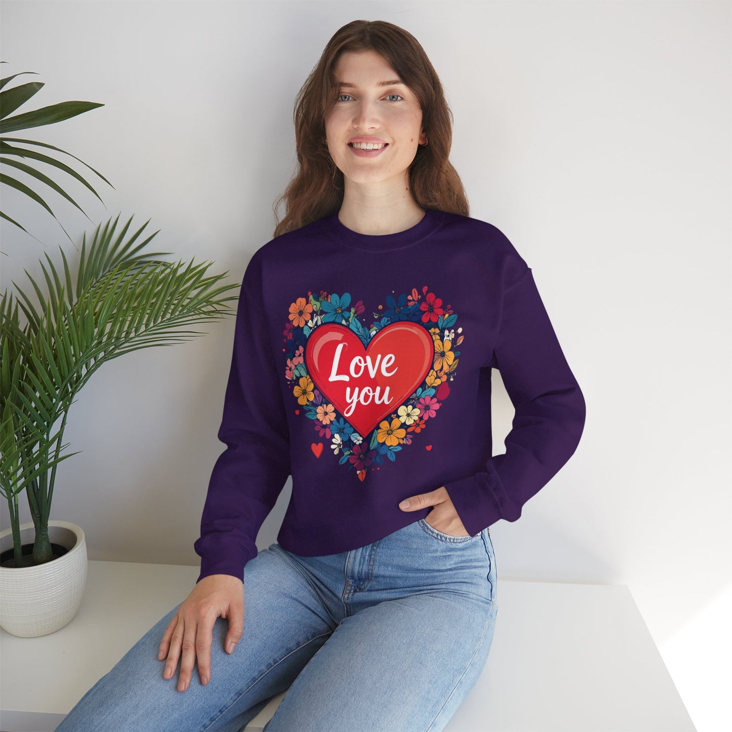 Unisex Floral Heart Sweatshirt Valentines Day Gift Cozy Crewneck Fifty Fifty Blend