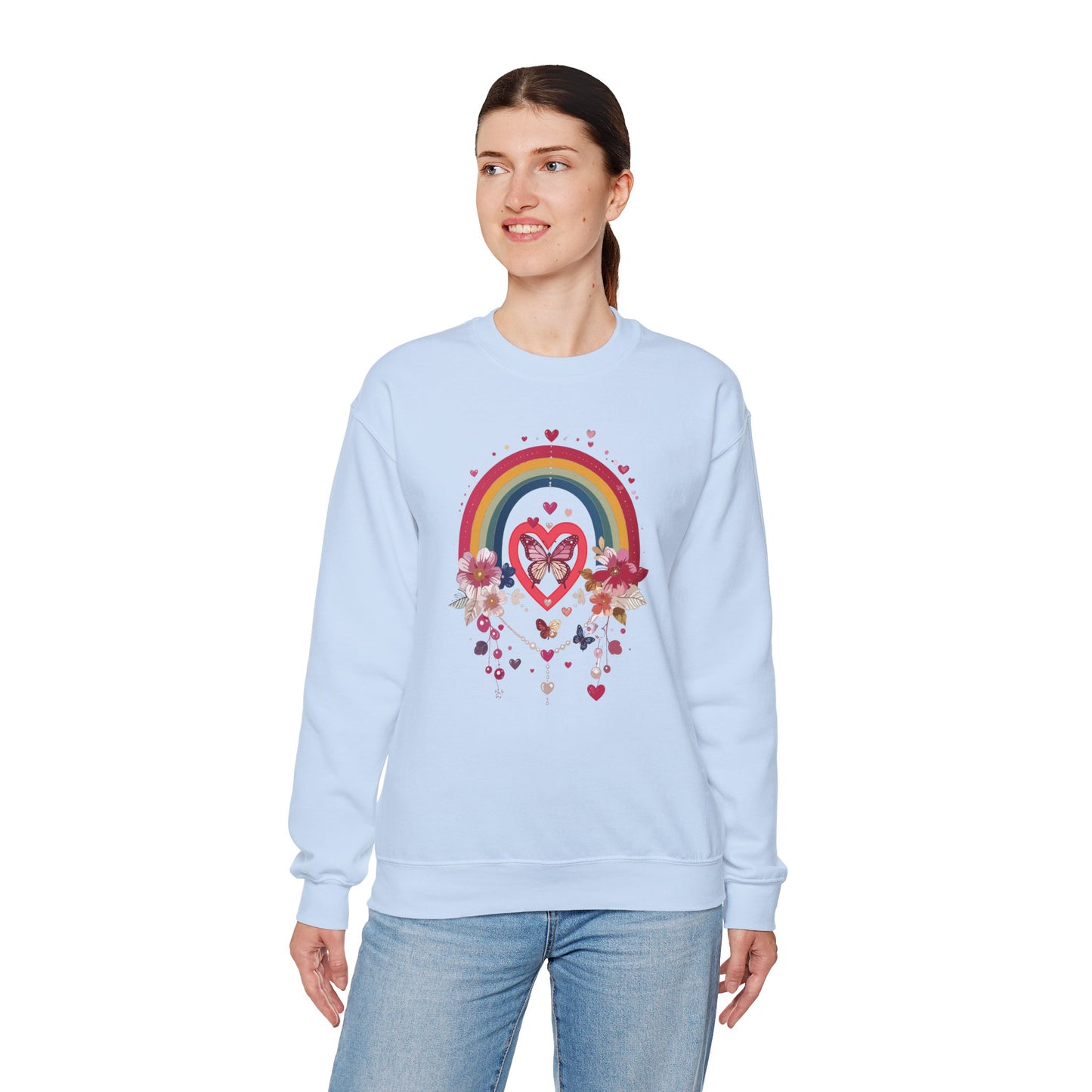 Rainbow Heart Floral Unisex Sweatshirt Crewneck Love Valentine's Day Graphic Gildan 18000