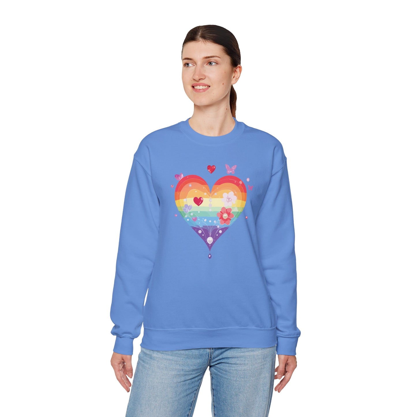 Rainbow Heart Floral Sweatshirt Unisex Valentines Day Graphic Love Sweatshirt Gift Idea
