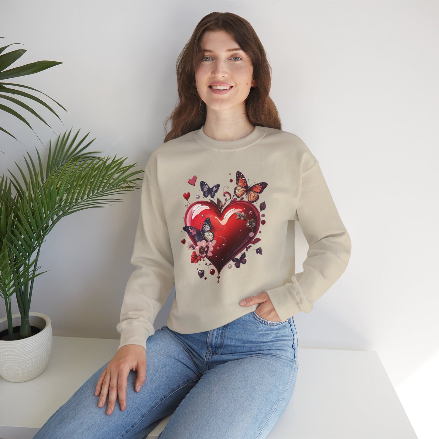 Unisex Heavy Blend Crewneck Sweatshirt Red Heart Floral Design Valentines Day Gift