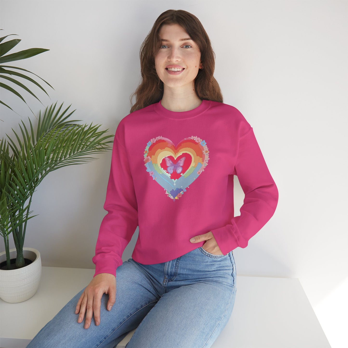 Rainbow Heart Floral Sweatshirt For Valentines Day Unisex Heavy Blend Crewneck Warm