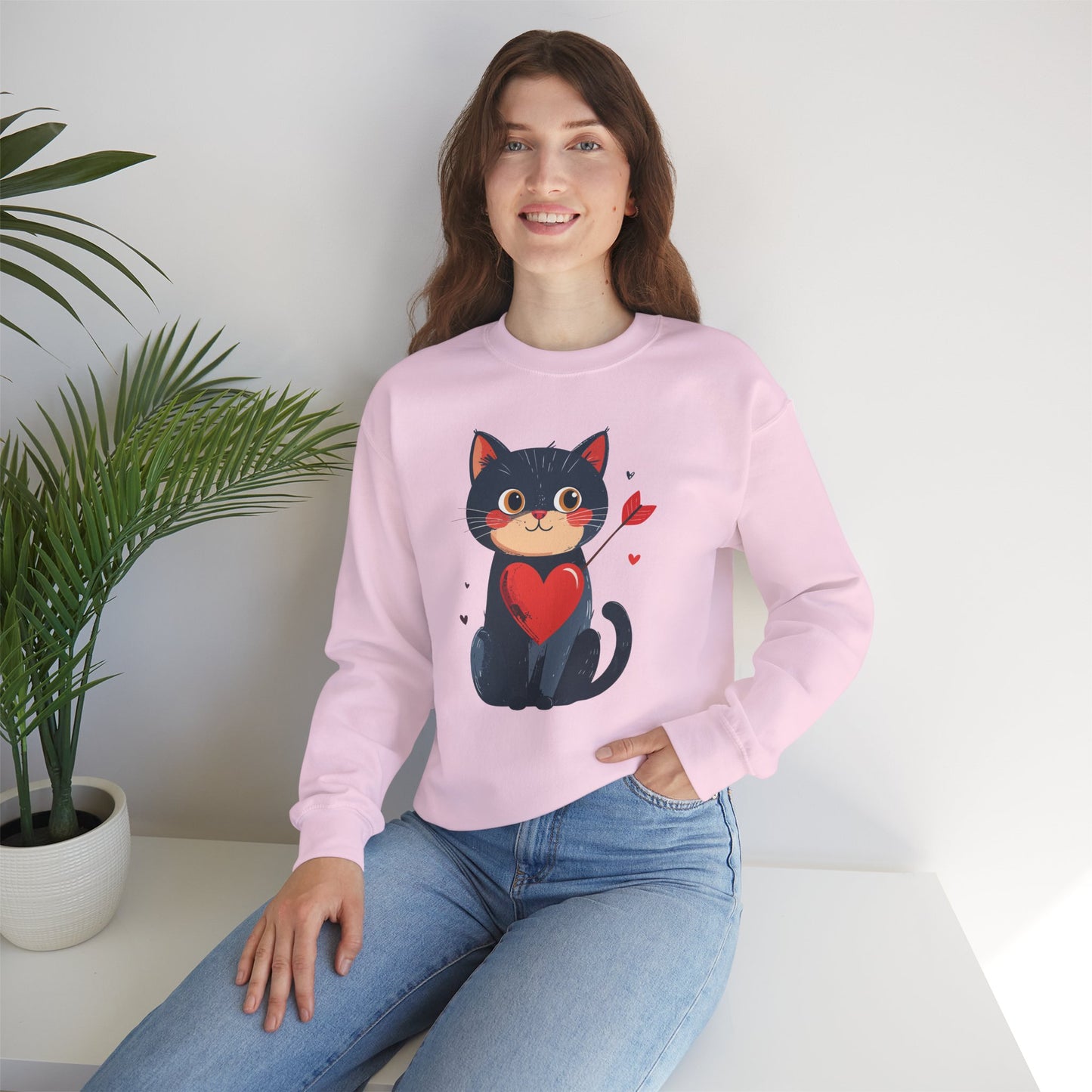 Cat Heart Sweatshirt Unisex Valentines Day Fifty Fifty Cotton Poly 8 Oz Heavy Blend