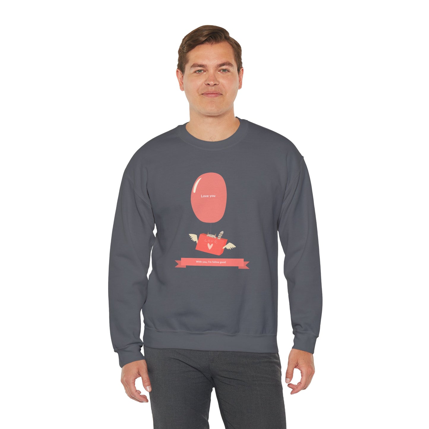 Cat Love Balloon Sweatshirt Unisex Fifty Fifty Cotton Poly Valentine Heavy Blend Crewneck Sweatshirt