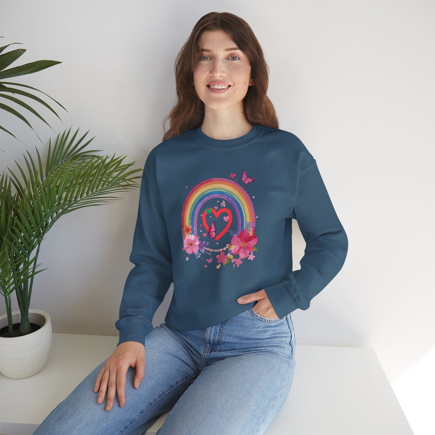 Rainbow Heart Floral Sweatshirt For Valentines Day Unisex Crewneck Gildan 18000 Premium