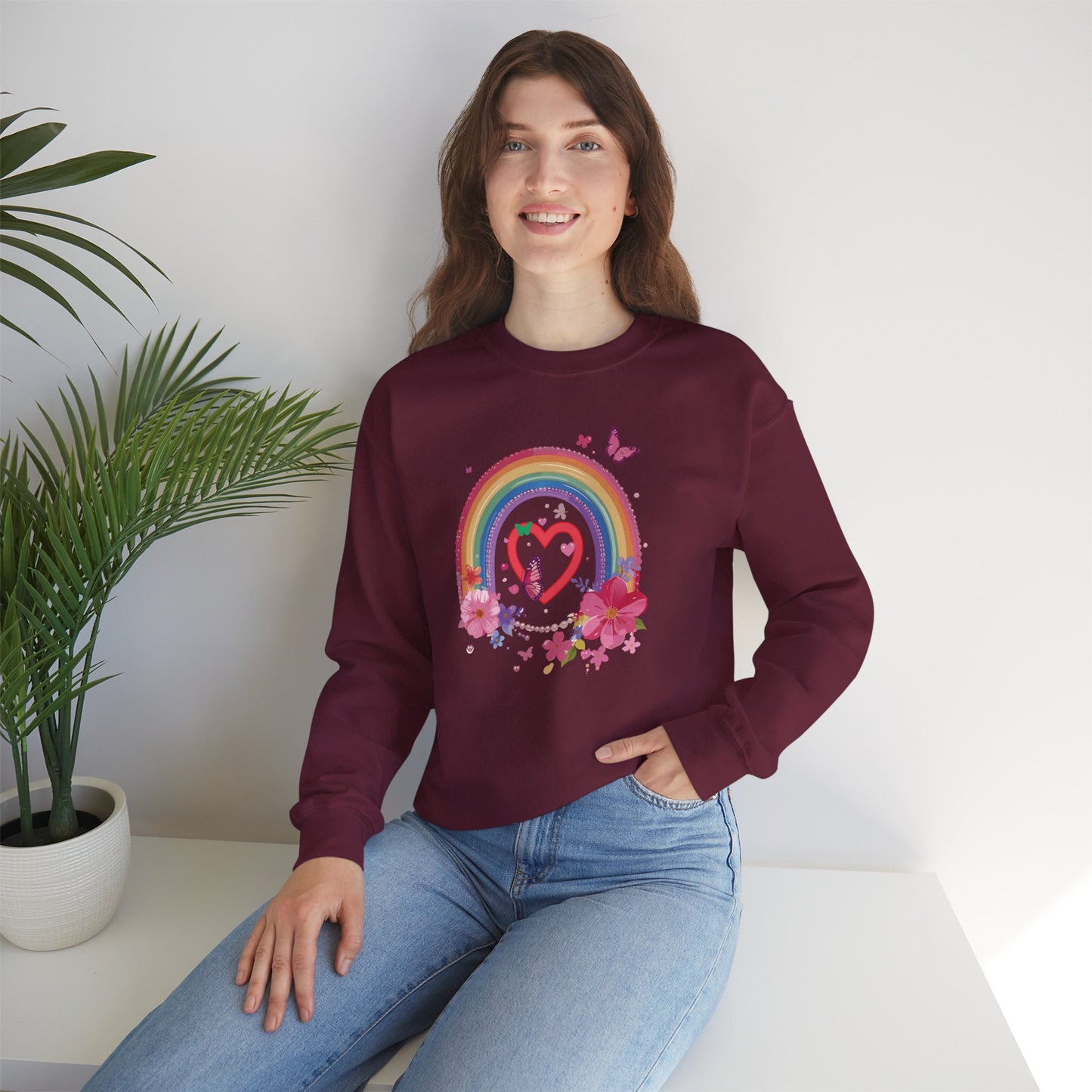 Rainbow Heart Floral Sweatshirt For Valentines Day Unisex Crewneck Gildan 18000 Premium