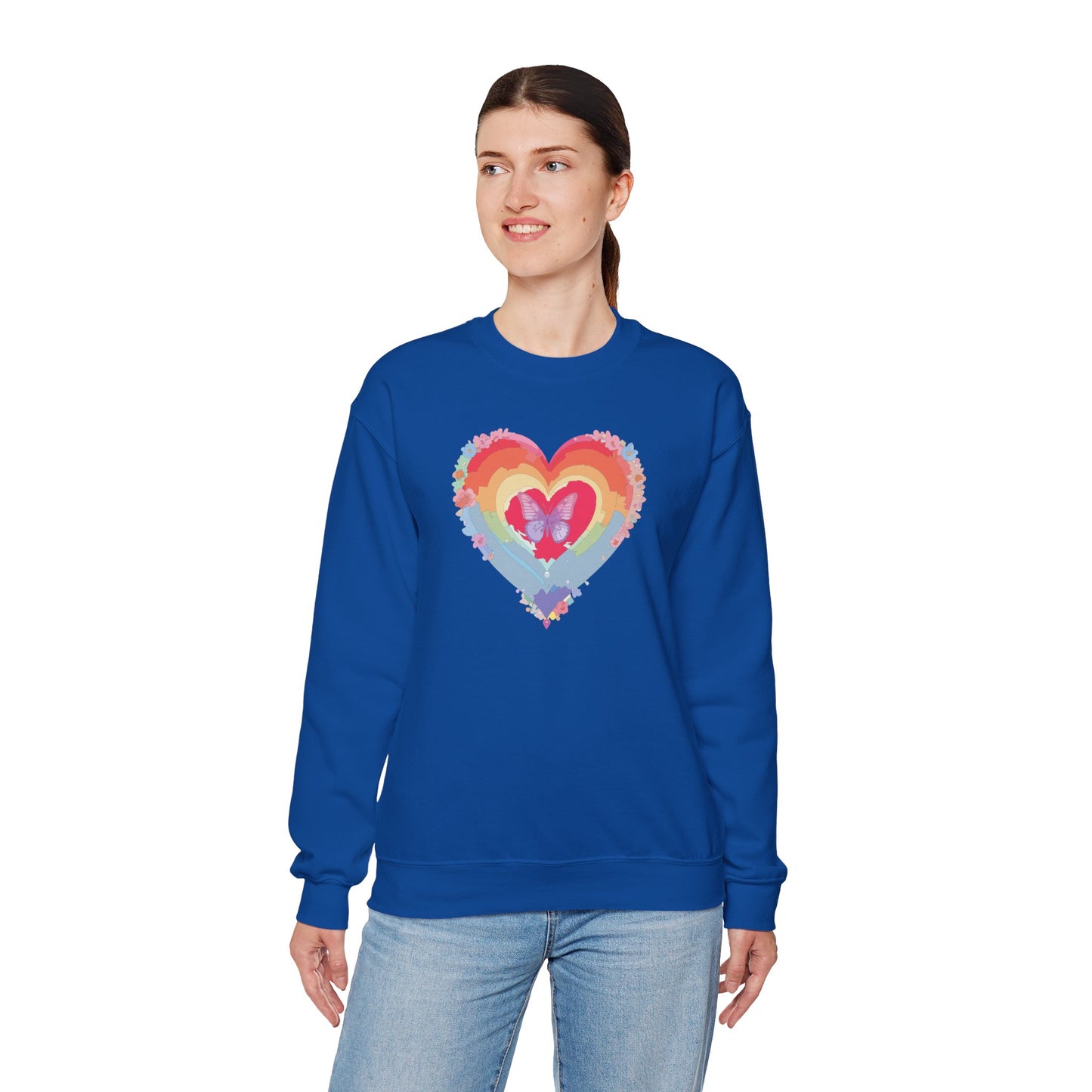 Rainbow Heart Floral Sweatshirt For Valentines Day Unisex Heavy Blend Crewneck Warm