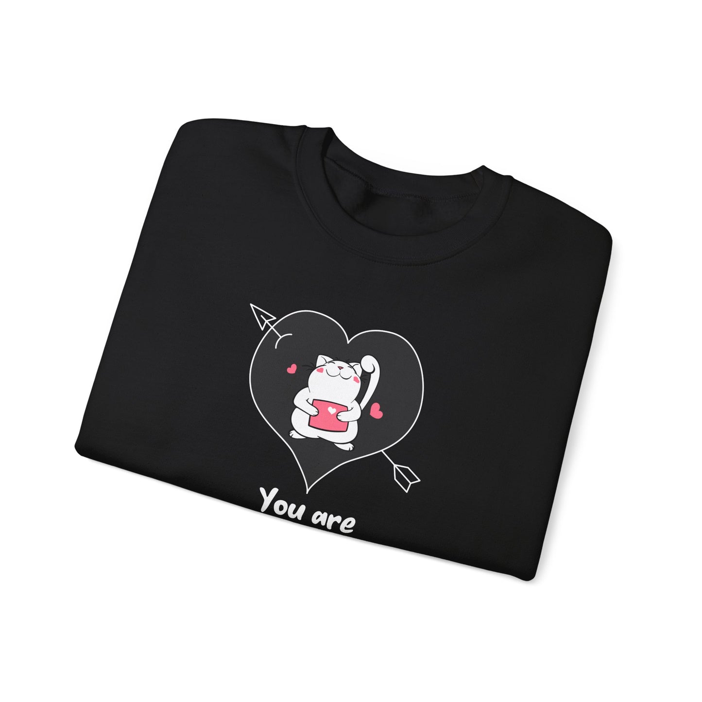 Cat Heart Sweatshirt Unisex Valentines Day Fifty Fifty Cotton Poly Crewneck Gildan 18000