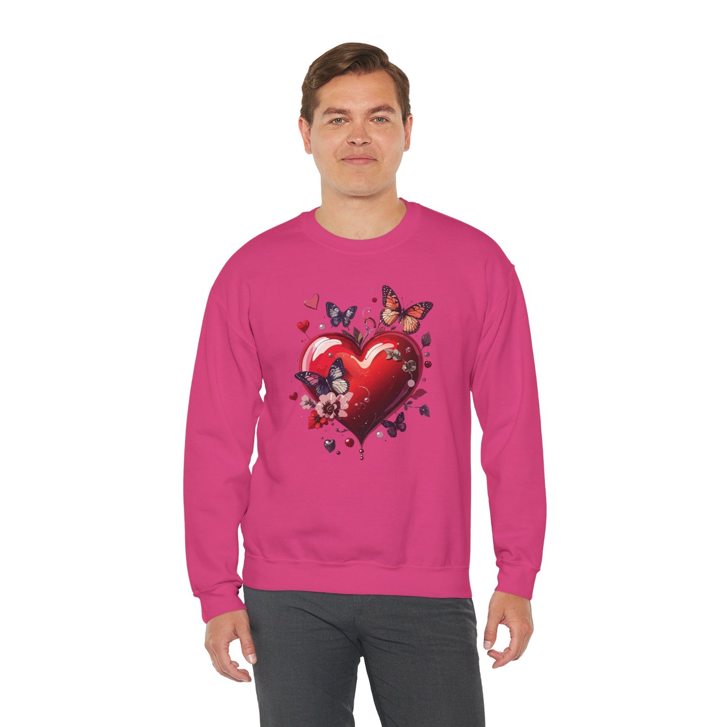 Unisex Heavy Blend Crewneck Sweatshirt Red Heart Floral Design Valentines Day Gift